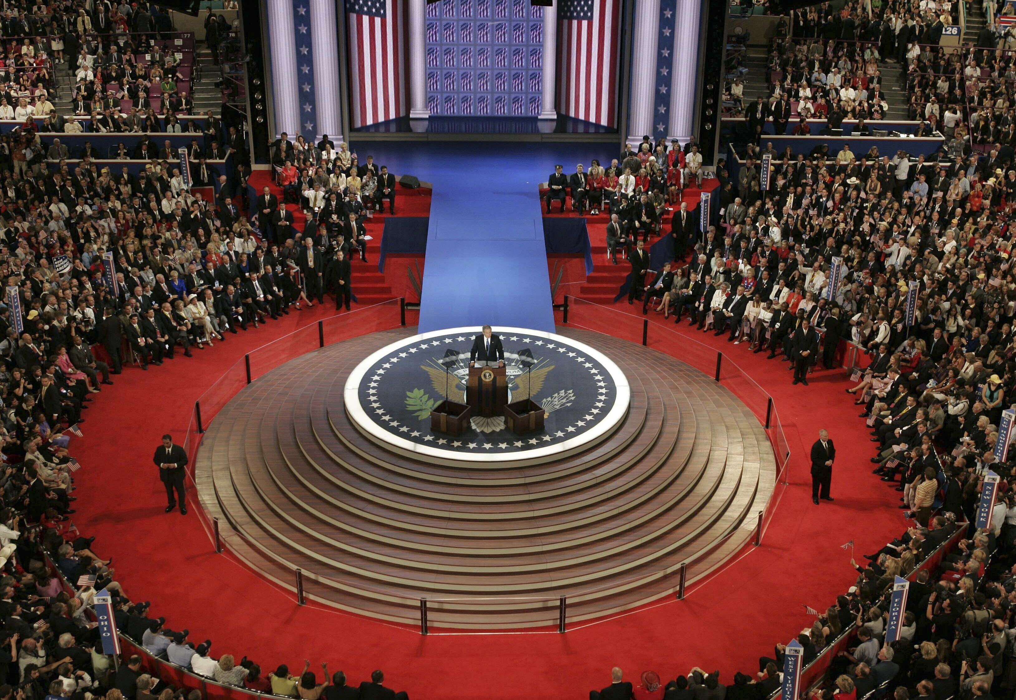 FILE - President George W. Bush addresses the Republican National Convention at Madison Square Garden in New York, Thursday, Sept. 2, 2004. (AP Photo/Stephan Savoia, File)