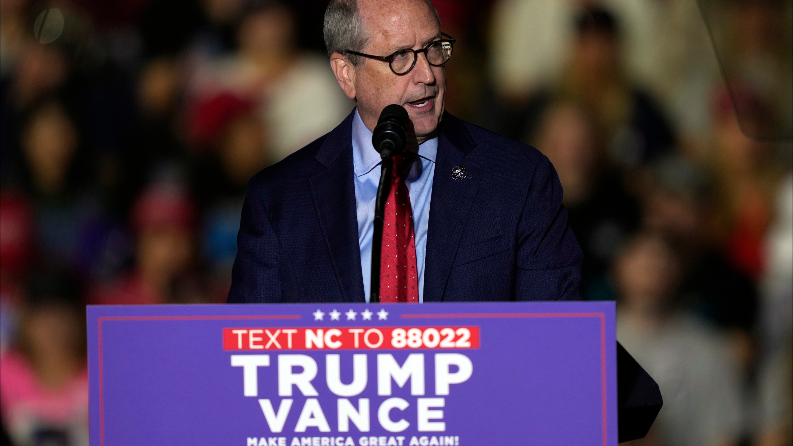 North Carolina Republican attorney general candidate Dan Bishop speaks before Republican presidential nominee former President Donald Trump at a campaign rally at Minges Coliseum, Monday, Oct. 21, 2024, in Greenville, N.C. (AP Photo/Julia Demaree Nikhinson)