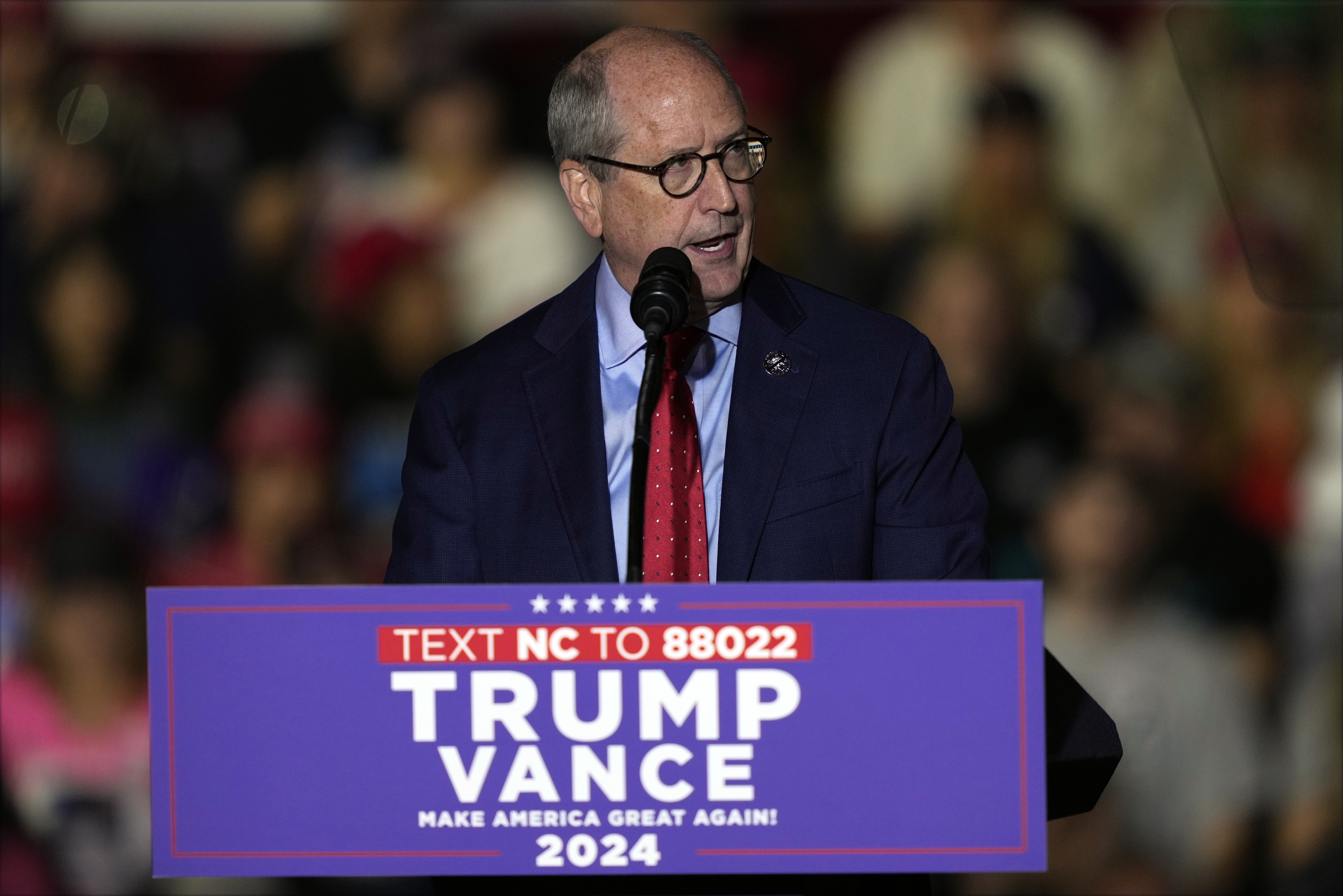 North Carolina Republican attorney general candidate Dan Bishop speaks before Republican presidential nominee former President Donald Trump at a campaign rally at Minges Coliseum, Monday, Oct. 21, 2024, in Greenville, N.C. (AP Photo/Julia Demaree Nikhinson)