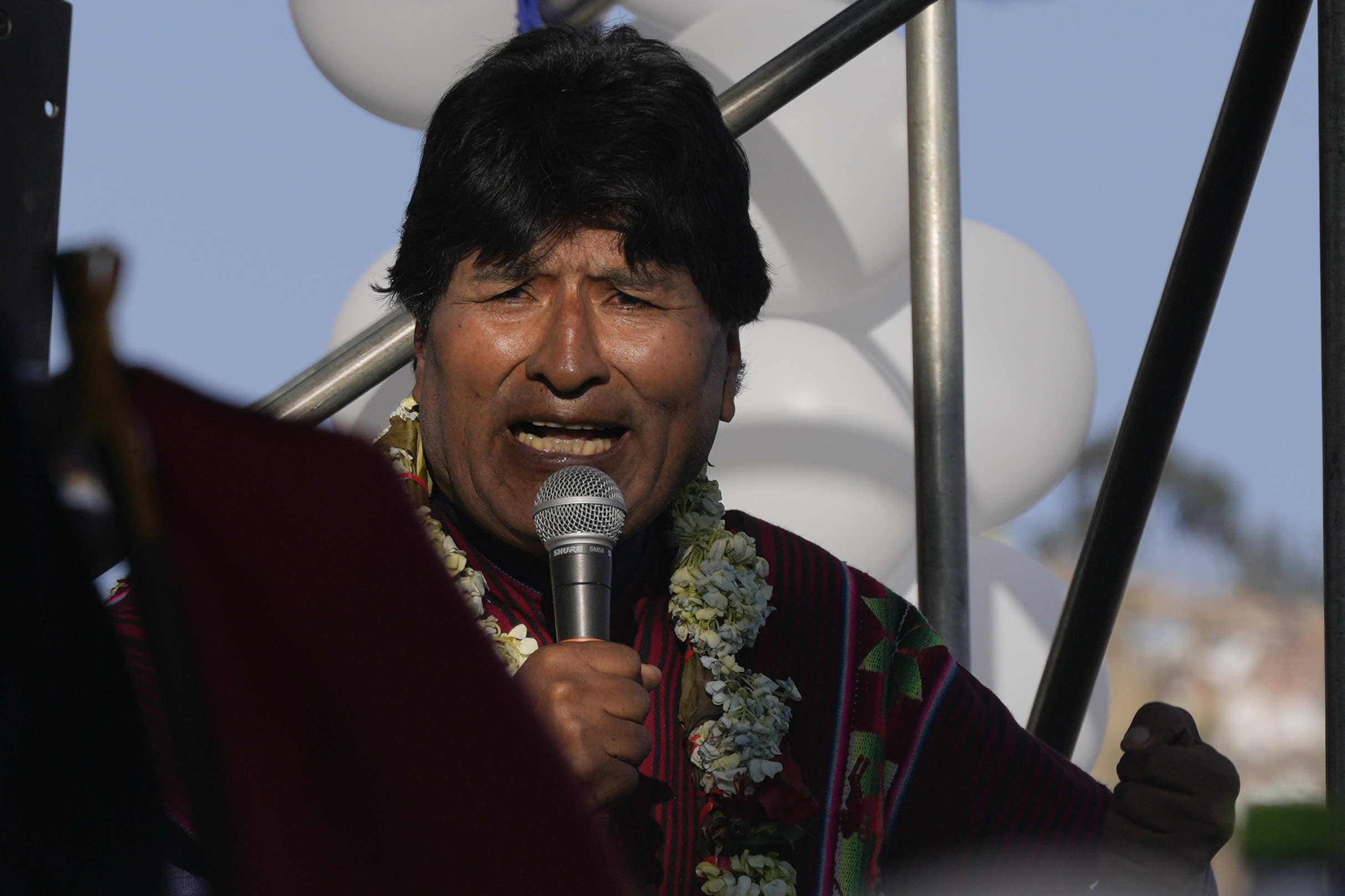 FILE - Former President Evo Morales speaks to supporters after marching to La Paz, Bolivia, to protest current President Luis Arce, Monday, Sept. 23, 2024. (AP Photo/Juan Karita, File)