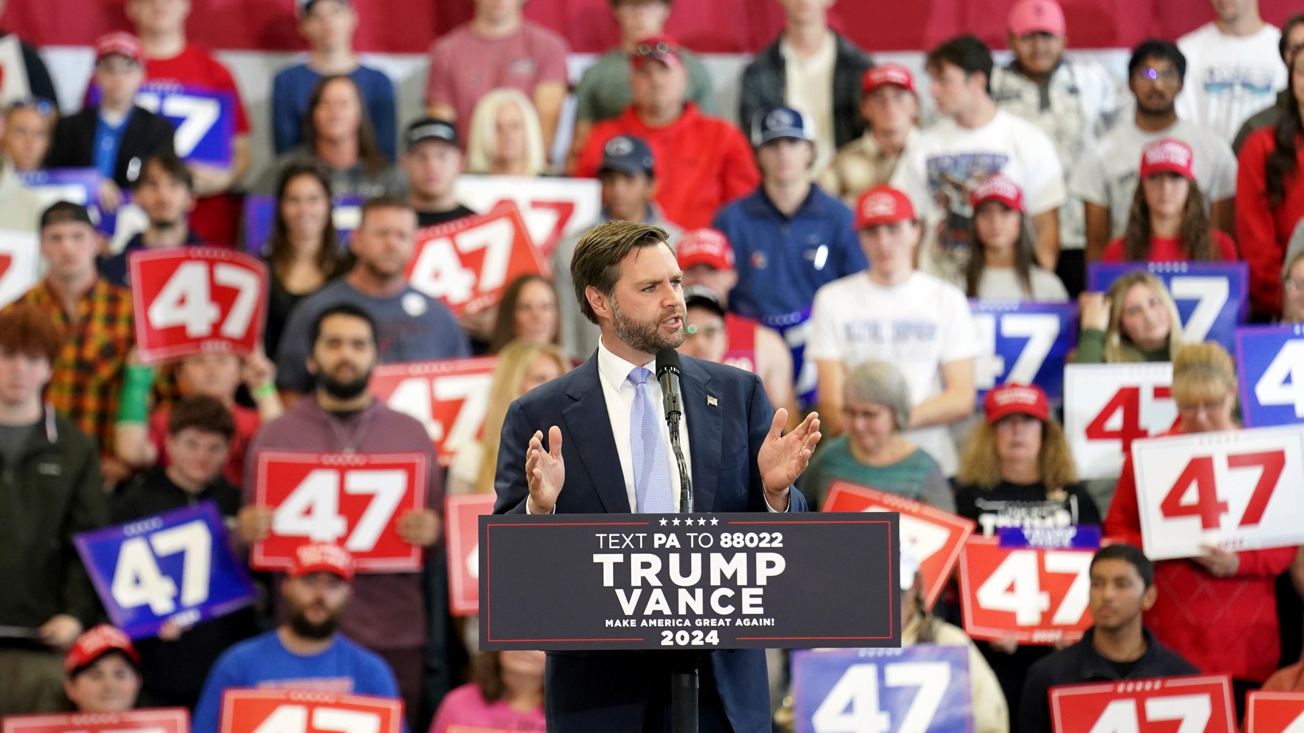 Republican vice presidential nominee Sen. JD Vance, R-Ohio, speaks at a campaign event at Penn State Behrend Erie Hall, Saturday, Oct. 26, 2024, in Erie, Pa. (AP Photo/Matt Freed)