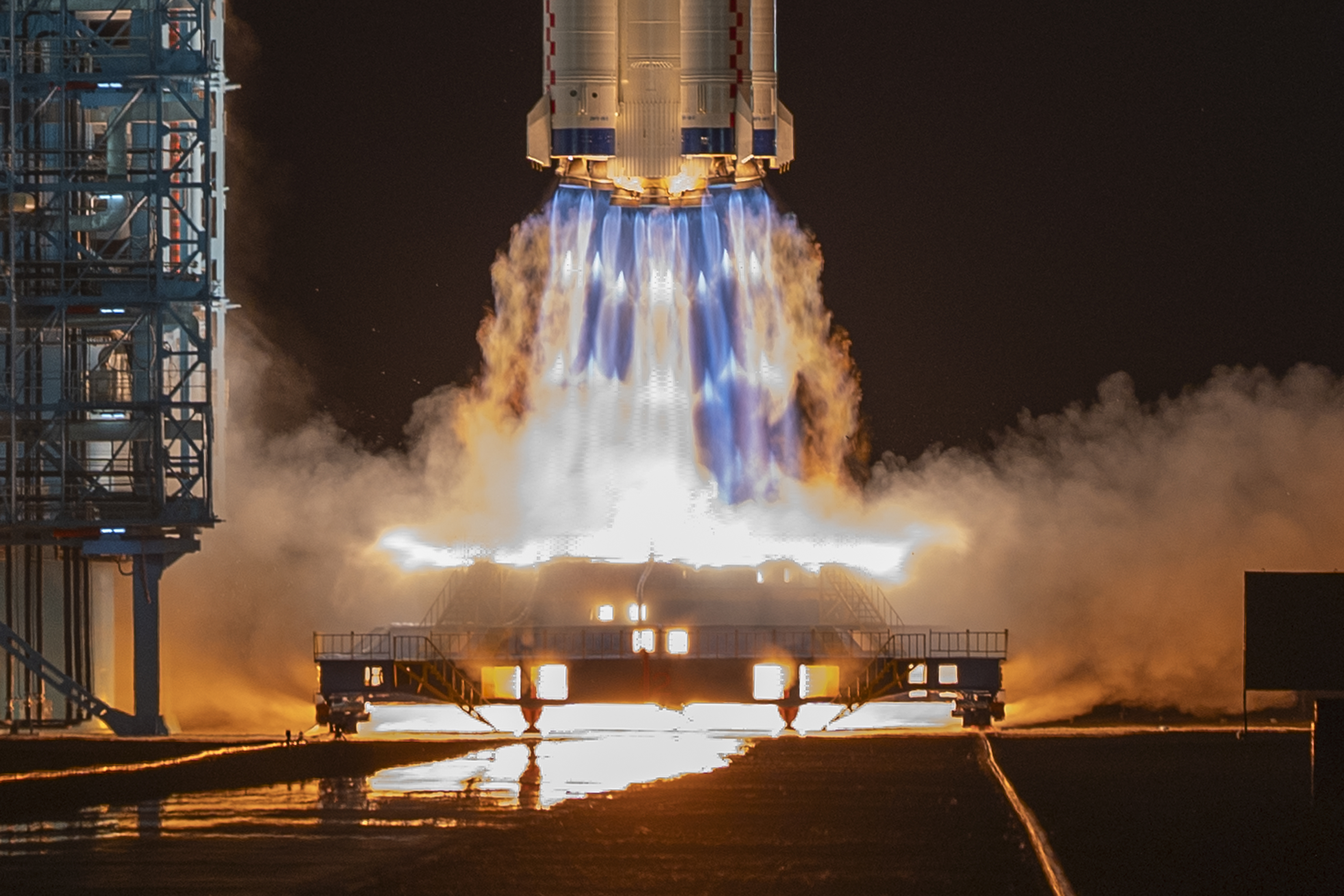 Shenzhou-19 spacecraft sitting atop a Long March rocket takes off from the Jiuquan Satellite Launch Center in Jiuquan, northwestern China in the early hours, Wednesday, Oct. 30, 2024. (AP Photo/Ng Han Guan)