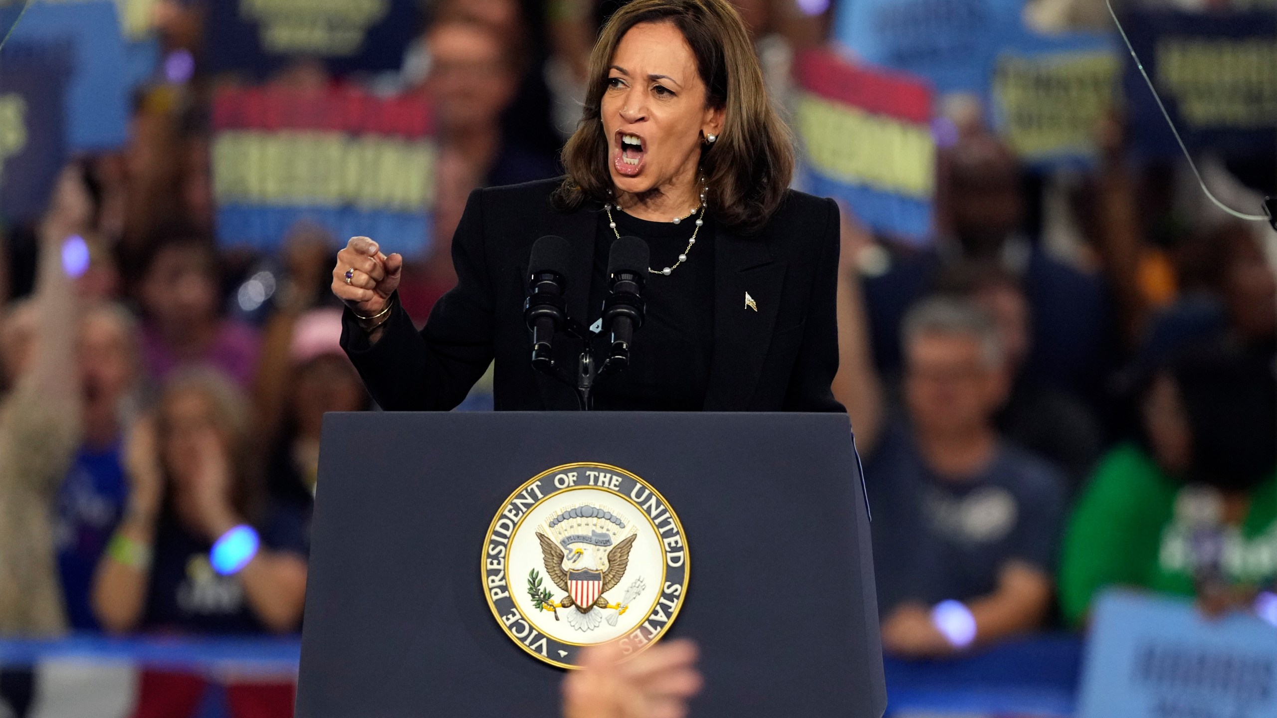 Democratic presidential nominee Vice President Kamala Harris speaks during a campaign event at the PA Farm Show Complex and Expo Center, Wednesday, Oct. 30, 2024, in Harrisburg, Pa. (AP Photo/Matt Slocum)