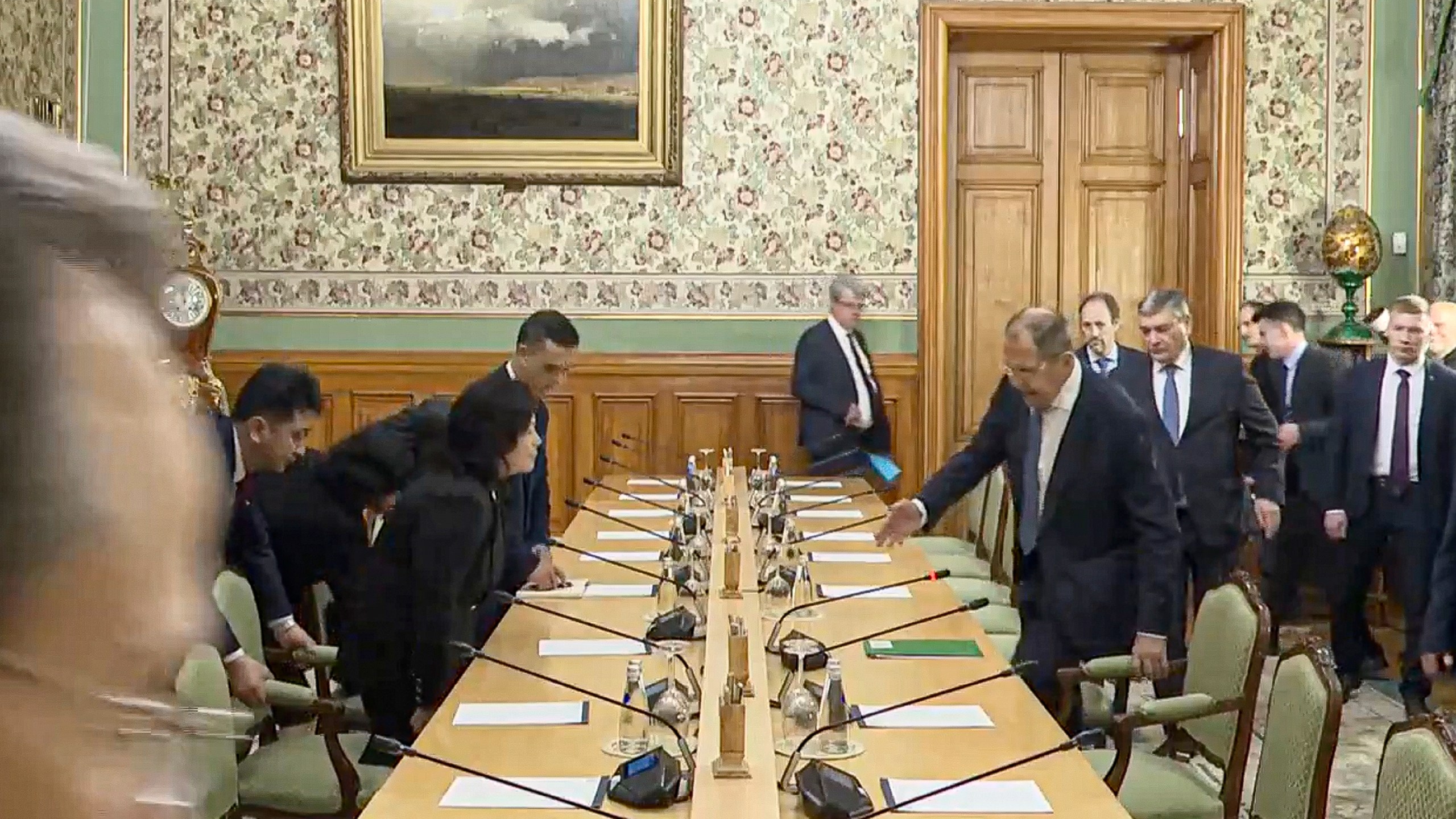 In this image made from a video released by Russian Foreign Ministry Press Service on Friday, Nov. 1, 2024, Russian Foreign Minister Sergey Lavrov, center right, welcomes North Korean Foreign Minister Choe Son Hui, second left, for the talks in Moscow, Russia. (Russian Foreign Ministry Press Service via AP)