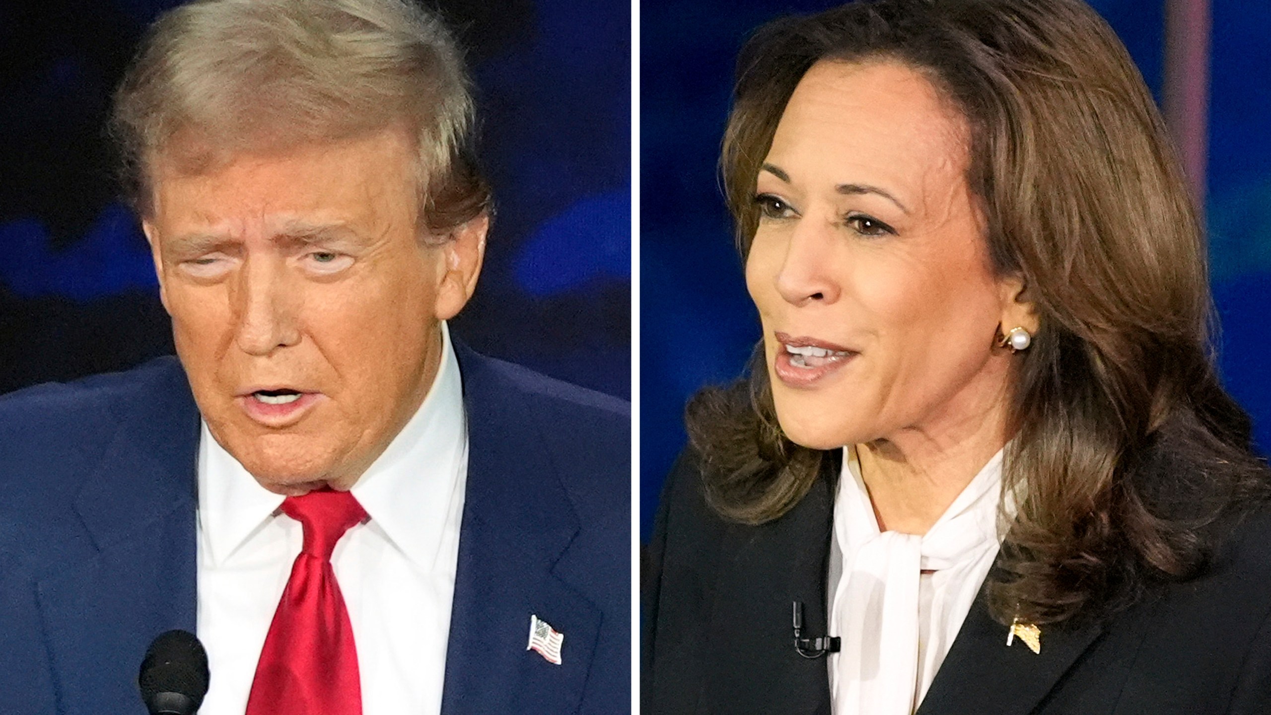 FILE - This combination of photos shows Republican presidential nominee former President Donald Trump, left, and Democratic presidential nominee Vice President Kamala Harris during an ABC News presidential debate at the National Constitution Center, Tuesday, Sept. 10, 2024, in Philadelphia. (AP Photo/Alex Brandon, File)