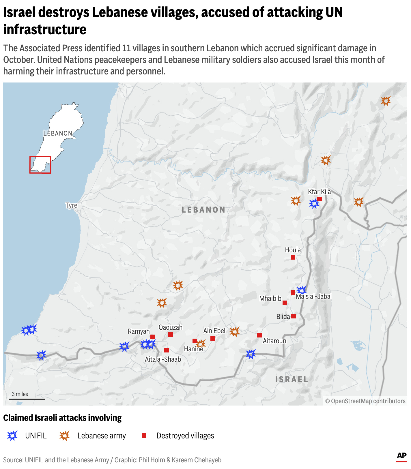 The map above displays where Israeli forces have fired on U.N. peacekeeping and Lebanese army forces and 11 villages that have been recently destroyed. (AP Digital Embed)