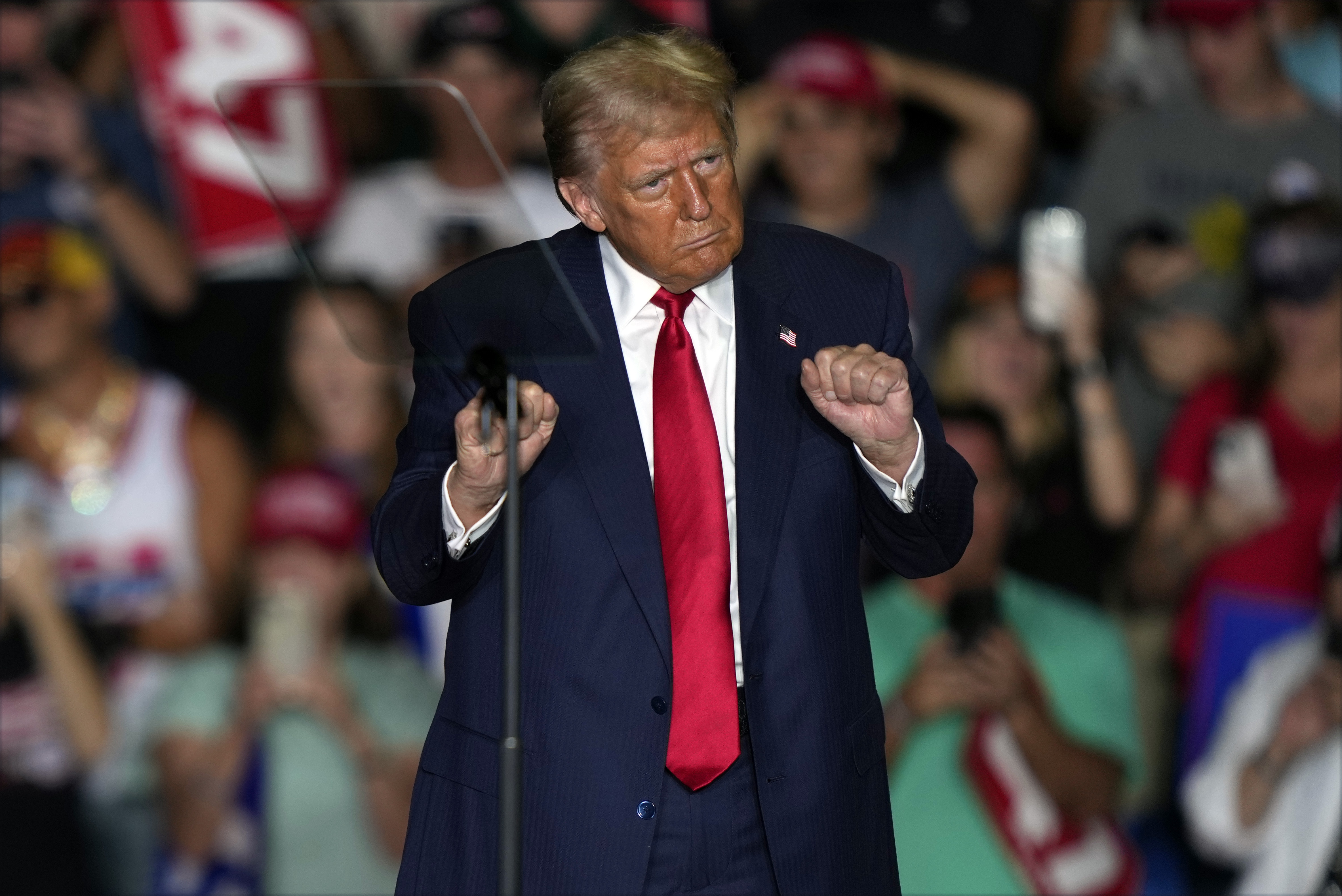 Republican presidential nominee former President Donald Trump dances at a campaign rally at Greensboro Coliseum, Tuesday, Oct. 22, 2024, in Greensboro, N.C. (AP Photo/Julia Demaree Nikhinson)