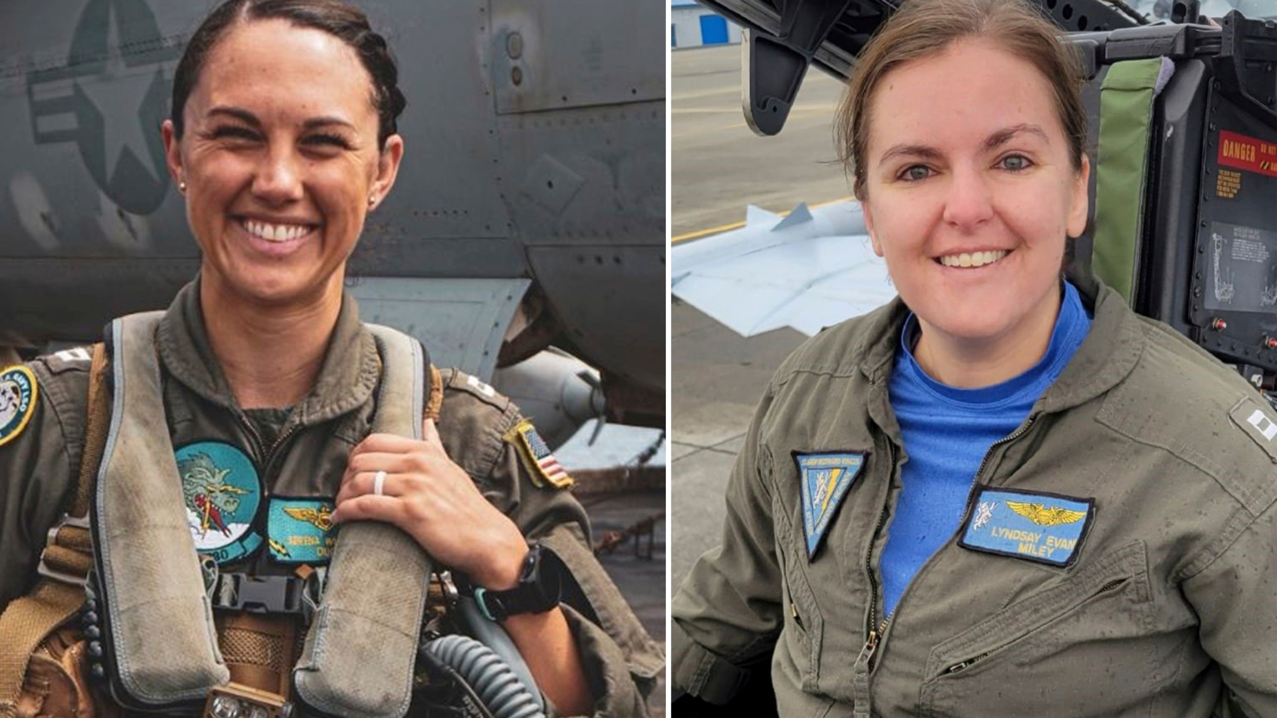 This combination of undated photos released by the U.S. Navy shows left to right; Lt. Serena Wileman, a Naval Aviator, and Lt. Commander Lyndsay Evans, a Naval Flight Officer. (U.S. Navy via AP)