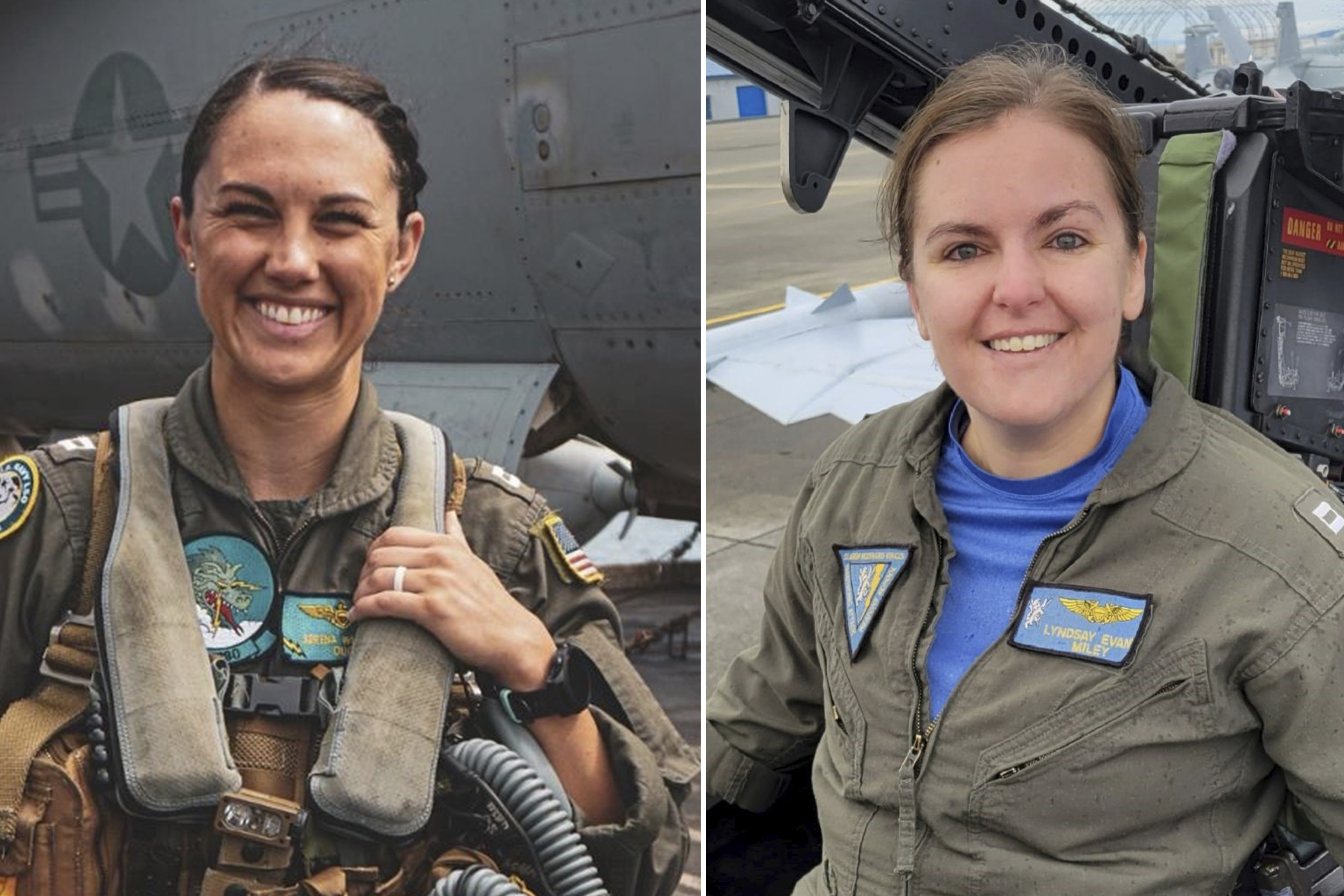 This combination of undated photos released by the U.S. Navy shows left to right; Lt. Serena Wileman, a Naval Aviator, and Lt. Commander Lyndsay Evans, a Naval Flight Officer. (U.S. Navy via AP)