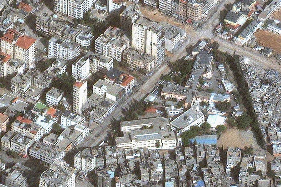 This satellite image released by Maxar Technologies shows al-Nasr Children's Hospital in Gaza City, top right, before an Israeli raid in late 2023. (Satellite image ©2024 Maxar Technologies via AP)