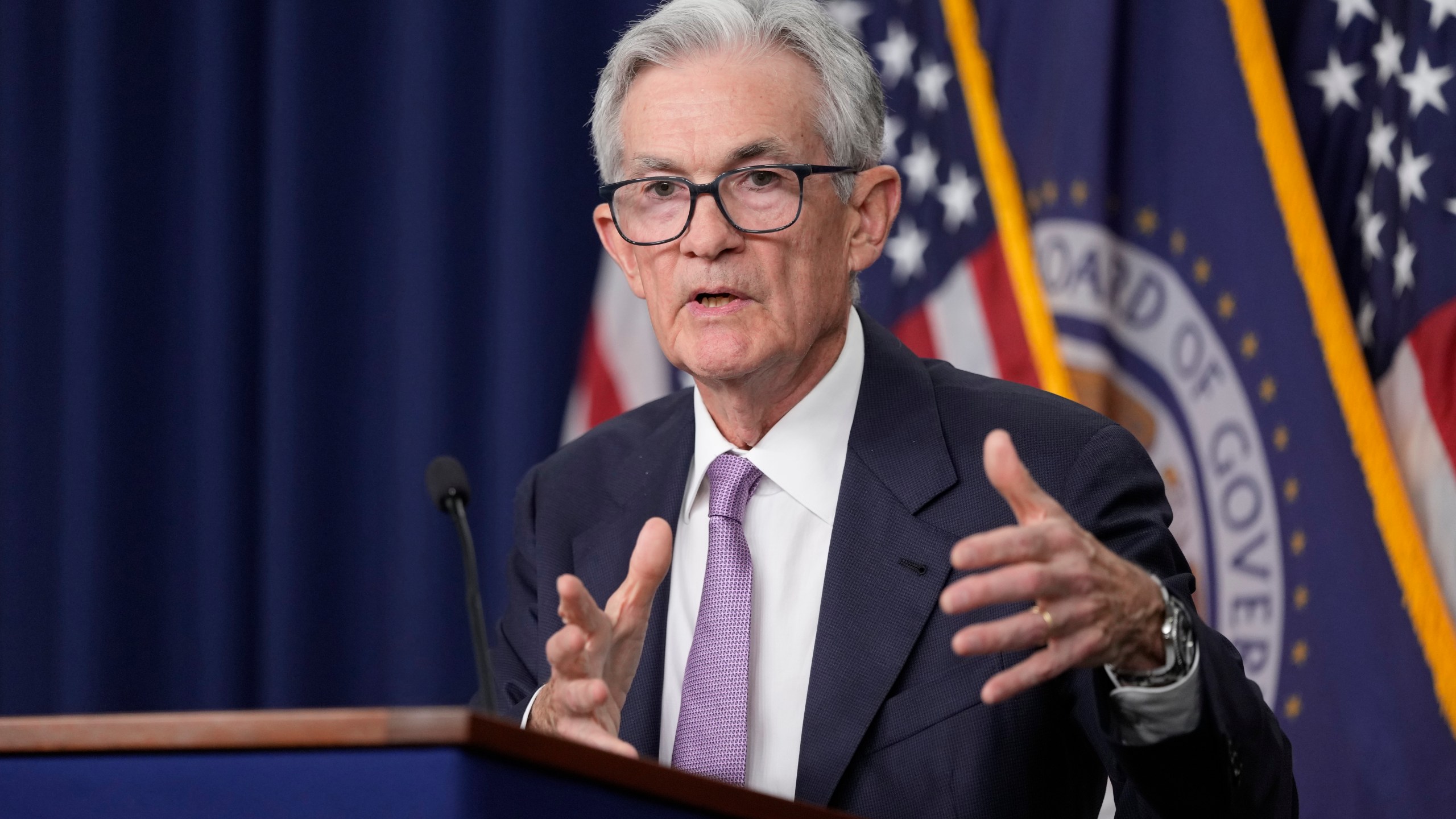 FILE - Federal Reserve Board Chairman Jerome Powell speaks during a news conference at the Federal Reserve in Washington, on Sept. 18, 2024. (AP Photo/Ben Curtis, File)