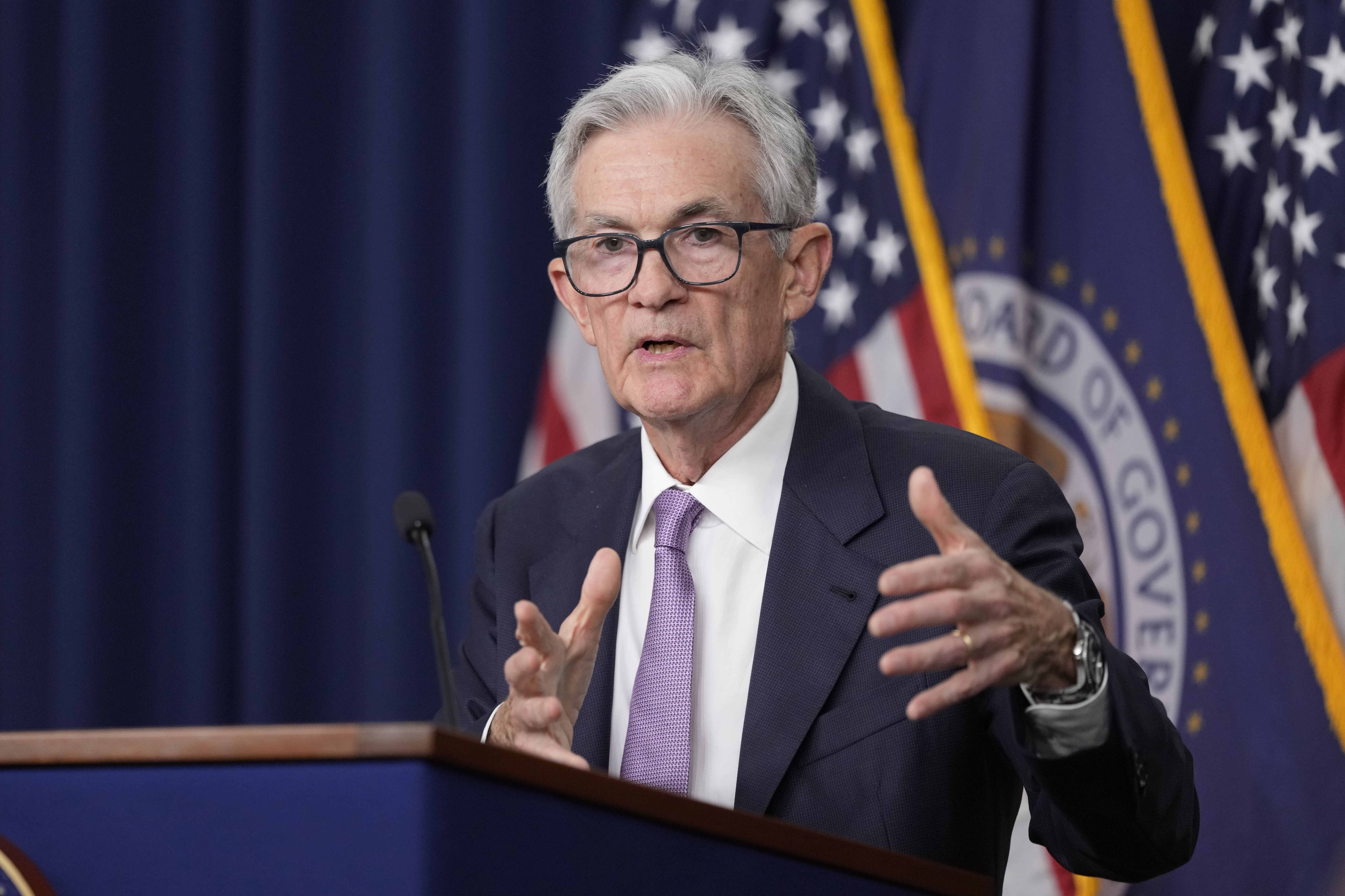 FILE - Federal Reserve Board Chairman Jerome Powell speaks during a news conference at the Federal Reserve in Washington, on Sept. 18, 2024. (AP Photo/Ben Curtis, File)