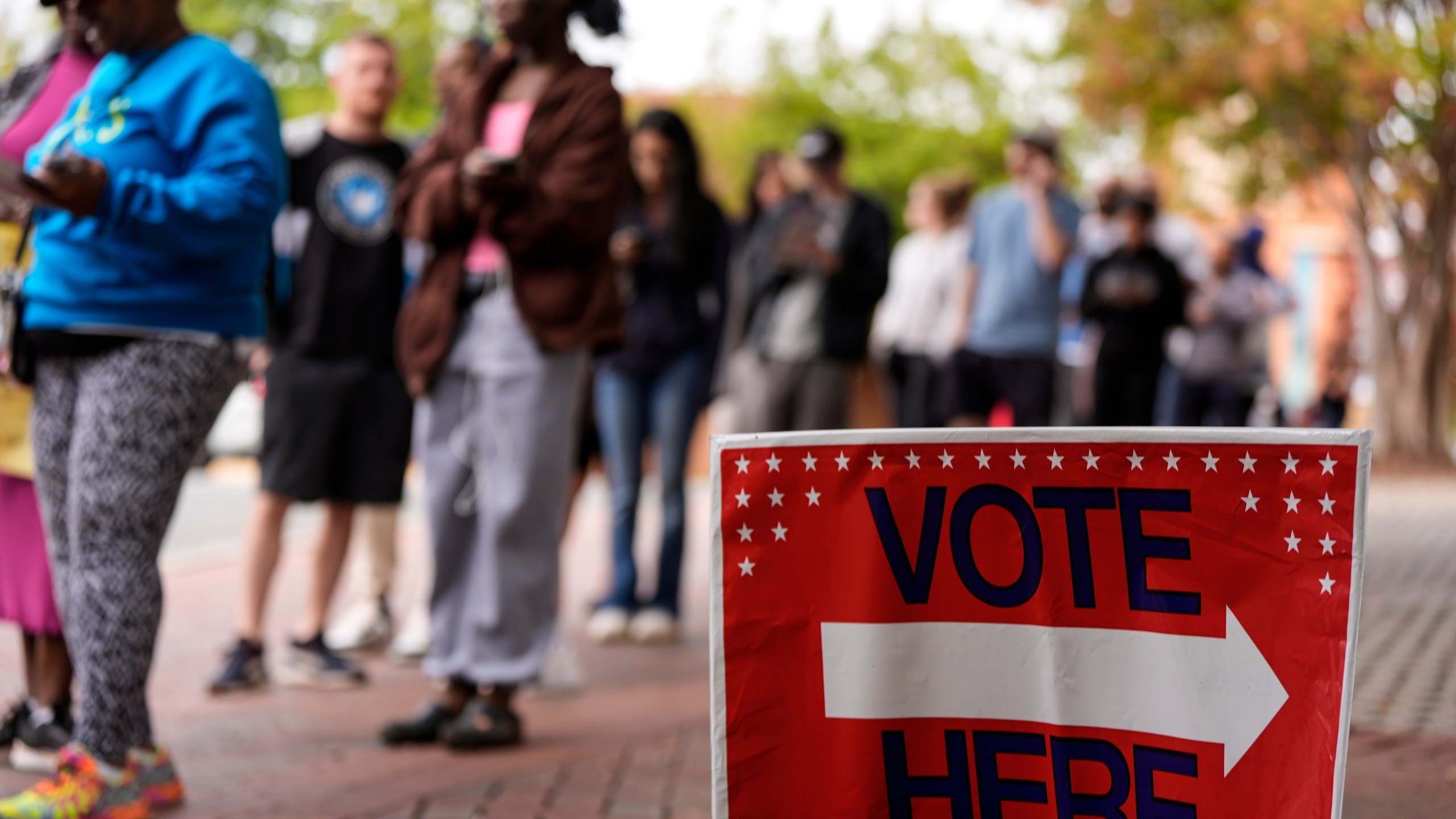 People stand in line during the last day of early voting, Saturday, Nov. 2, 2024, in Charlotte, N.C. (AP Photo/Mike Stewart)