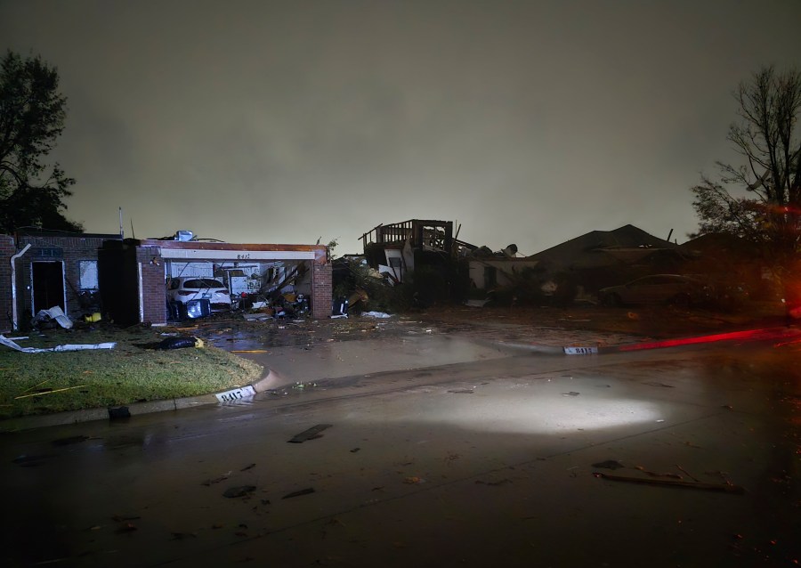 This image provided by Sean Taylor shows a damaged home after a tornado hit the area in Midwest City, Okla,, Sunday, Nov. 3, 2024. (Sean Taylor via AP)