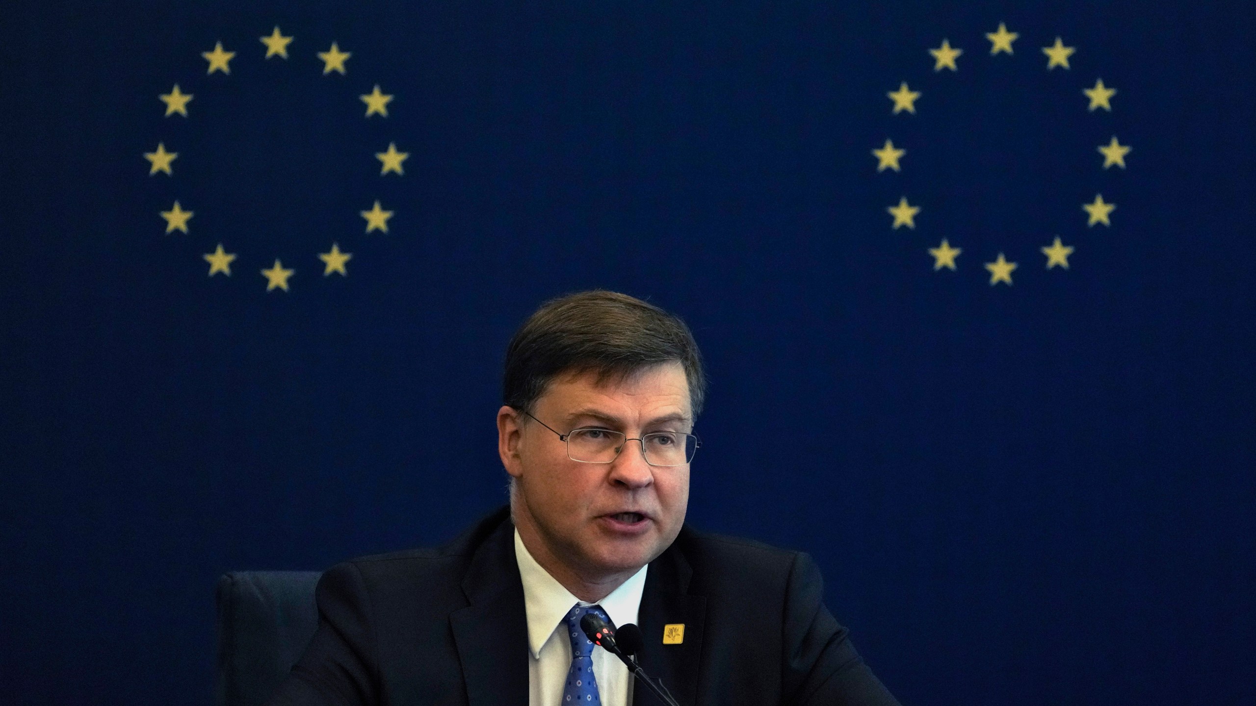 FILE - European Executive Vice President and Commissioner for Economy and Trade Valdis Dombrovskis speaks during a news conference at the Delegation of the European Union to China after he concluded the 10th China-EU High-level Economic and Trade Dialogue with Chinese Vice Premier He Lifeng in Beijing, Sept. 26, 2023. (AP Photo/Andy Wong, File)