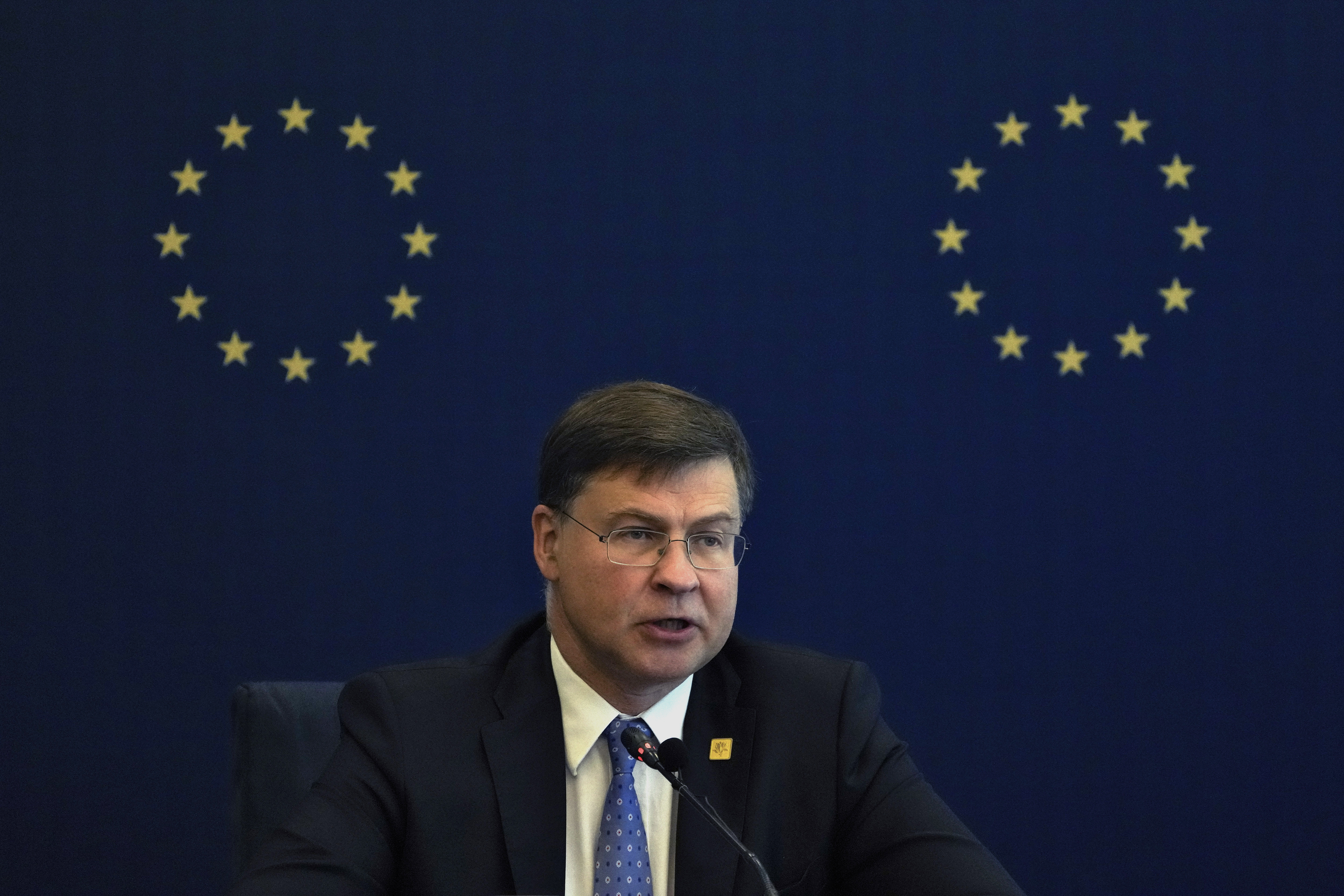 FILE - European Executive Vice President and Commissioner for Economy and Trade Valdis Dombrovskis speaks during a news conference at the Delegation of the European Union to China after he concluded the 10th China-EU High-level Economic and Trade Dialogue with Chinese Vice Premier He Lifeng in Beijing, Sept. 26, 2023. (AP Photo/Andy Wong, File)