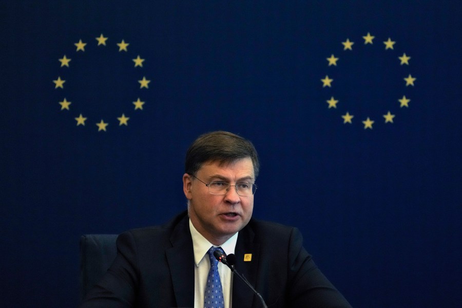 FILE - European Executive Vice President and Commissioner for Economy and Trade Valdis Dombrovskis speaks during a news conference at the Delegation of the European Union to China after he concluded the 10th China-EU High-level Economic and Trade Dialogue with Chinese Vice Premier He Lifeng in Beijing, Sept. 26, 2023. (AP Photo/Andy Wong, File)