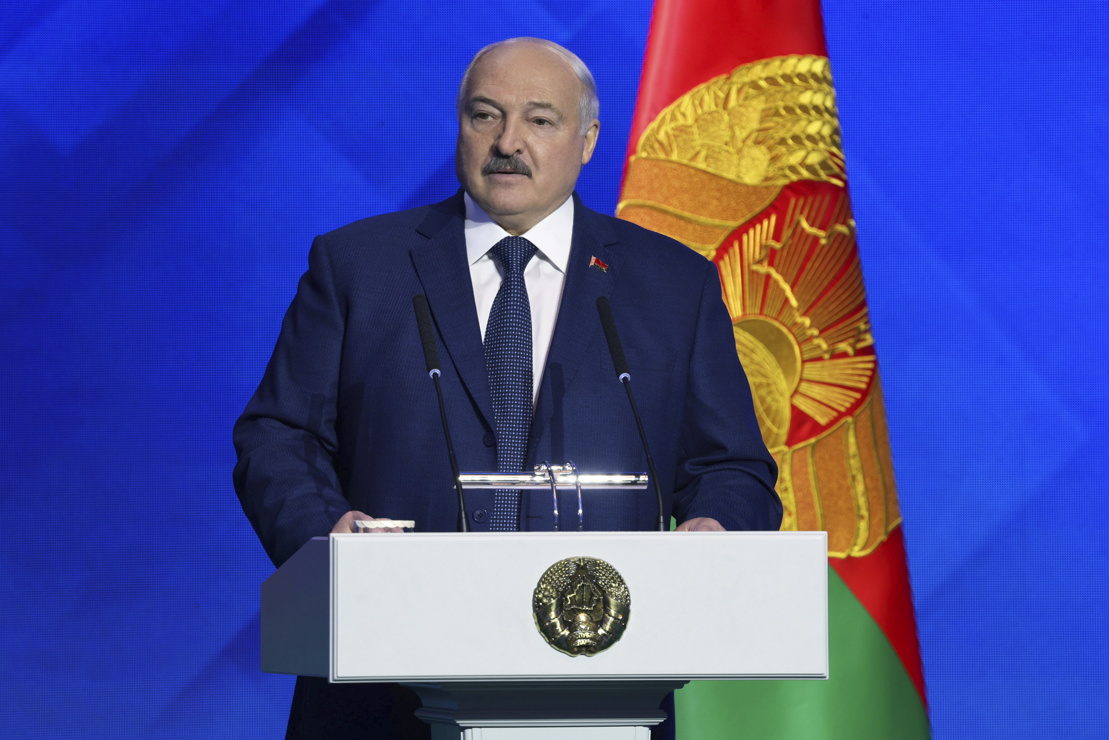 In this photo released by Belarusian Presidential Press Service on Thursday, Oct. 31, 2024, Belarusian President Alexander Lukashenko speaks during Minsk International Conference on Eurasian Security in Minsk, Belarus. (Belarusian Presidential Press Service via AP)