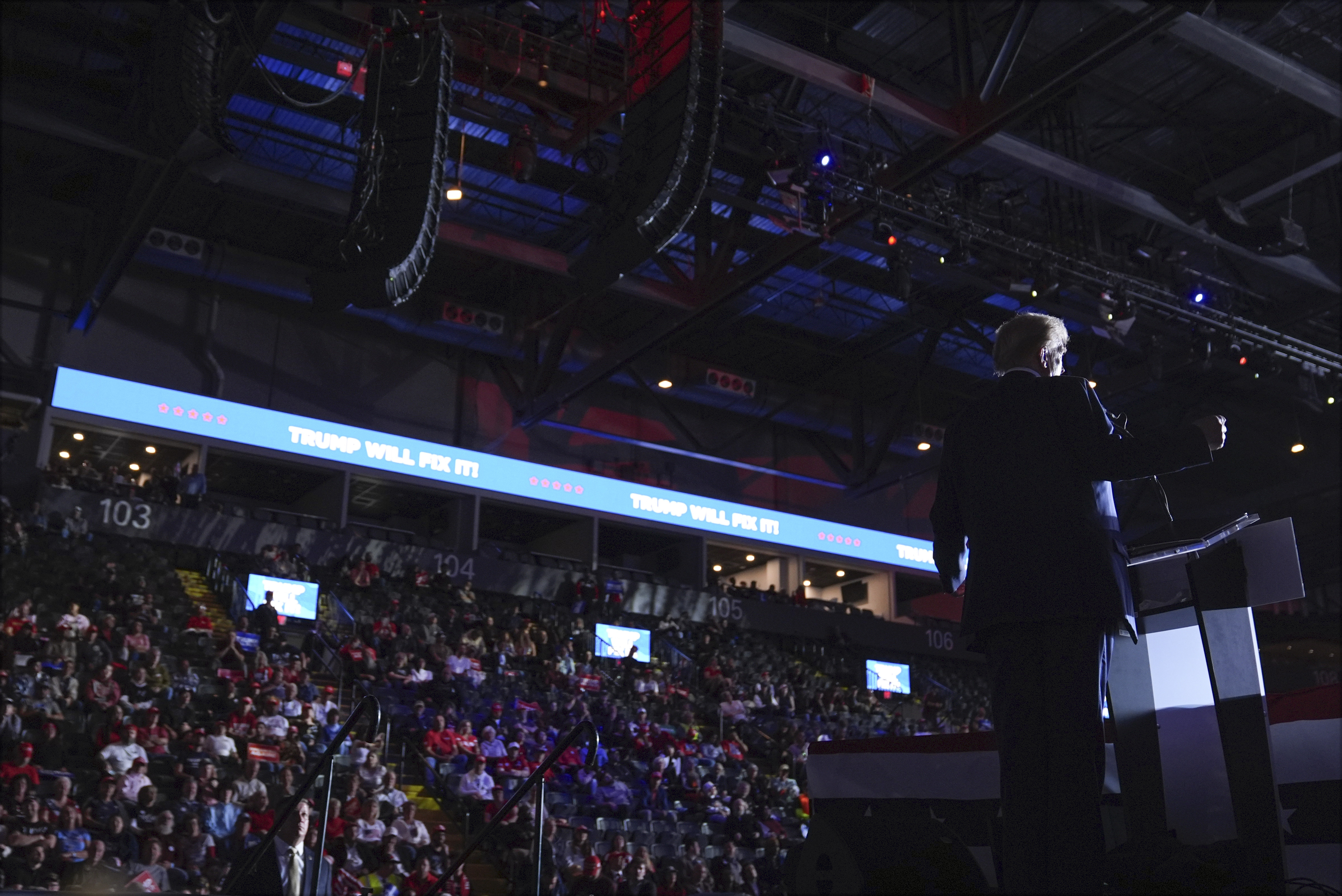 Republican presidential nominee former President Donald Trump speaks during a campaign rally at Santander Arena, Monday, Nov. 4, 2024, in Reading, Pa. (AP Photo/Evan Vucci)