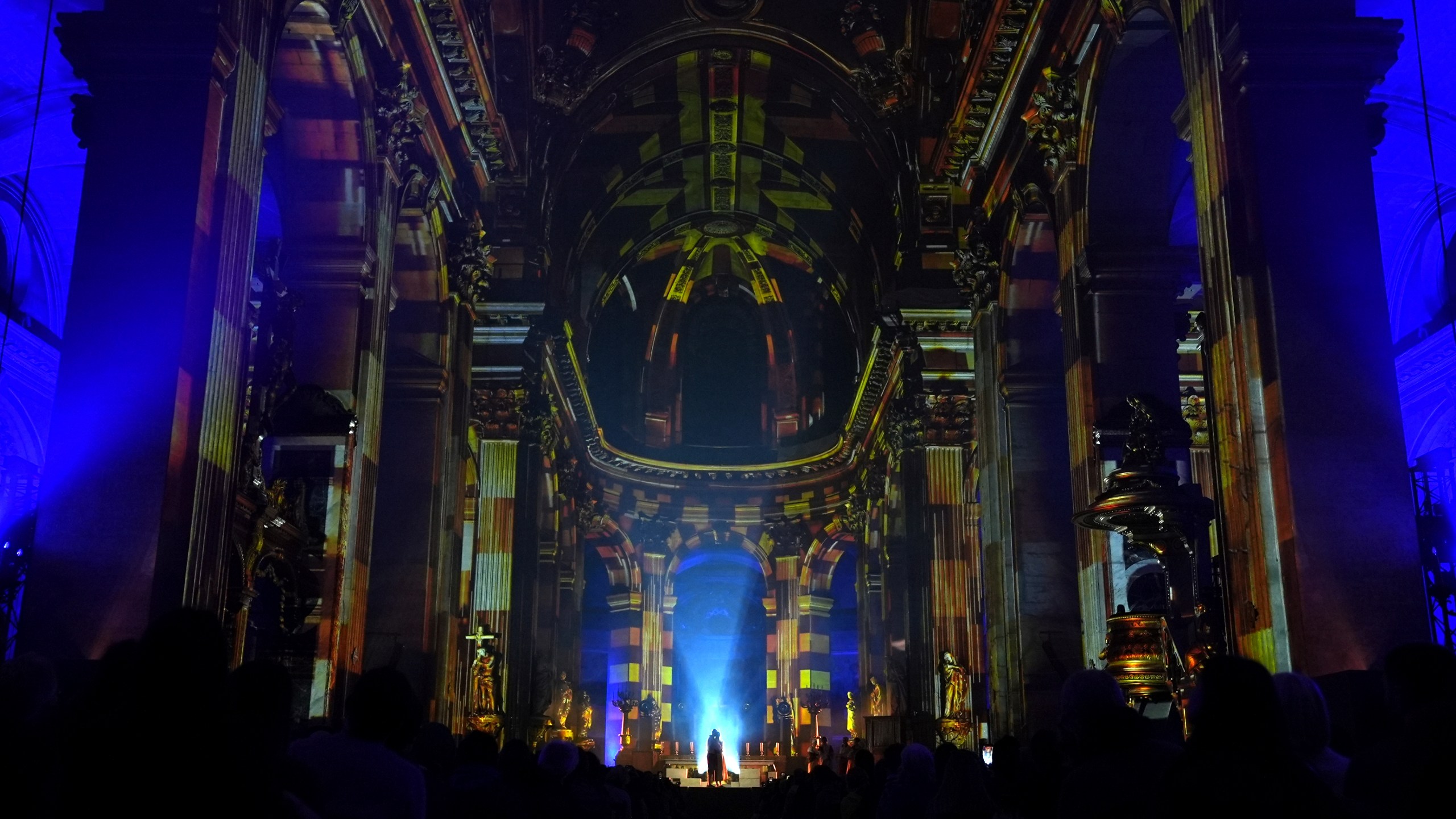 Video projections are seen Thursday Oct.31, 2024 at the Saint-Sulpice church in Paris. (AP Photo/Marine Lesprit)