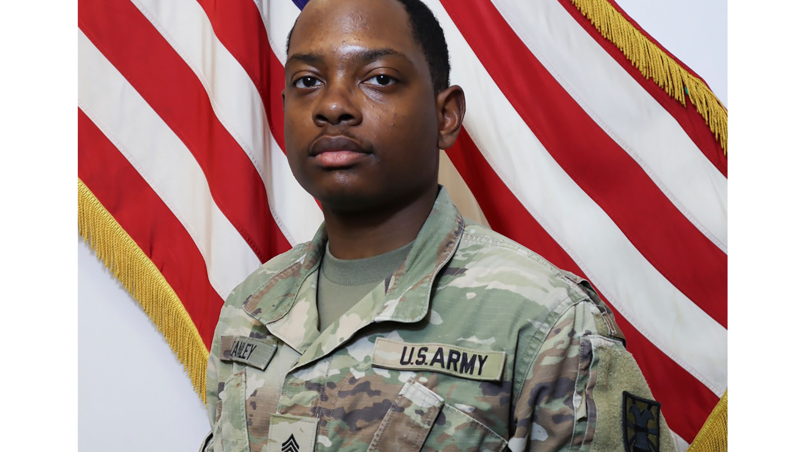 This image provided by the U.S. Army shows Sgt. Quandarius Stanley, 23. Stanley, assigned to the 7th Transportation Brigade Expeditionary, at Joint Base Langley-Eustis in Virginia, who was injured in May while working on the pier built to deliver humanitarian aid to Gaza, has died. (U.S. Army via AP)