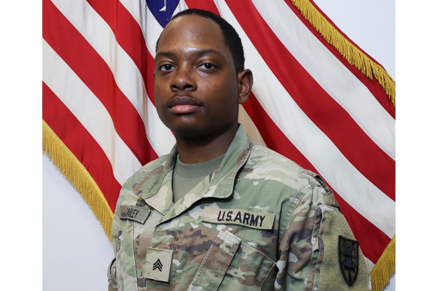 This image provided by the U.S. Army shows Sgt. Quandarius Stanley, 23. Stanley, assigned to the 7th Transportation Brigade Expeditionary, at Joint Base Langley-Eustis in Virginia, who was injured in May while working on the pier built to deliver humanitarian aid to Gaza, has died. (U.S. Army via AP)