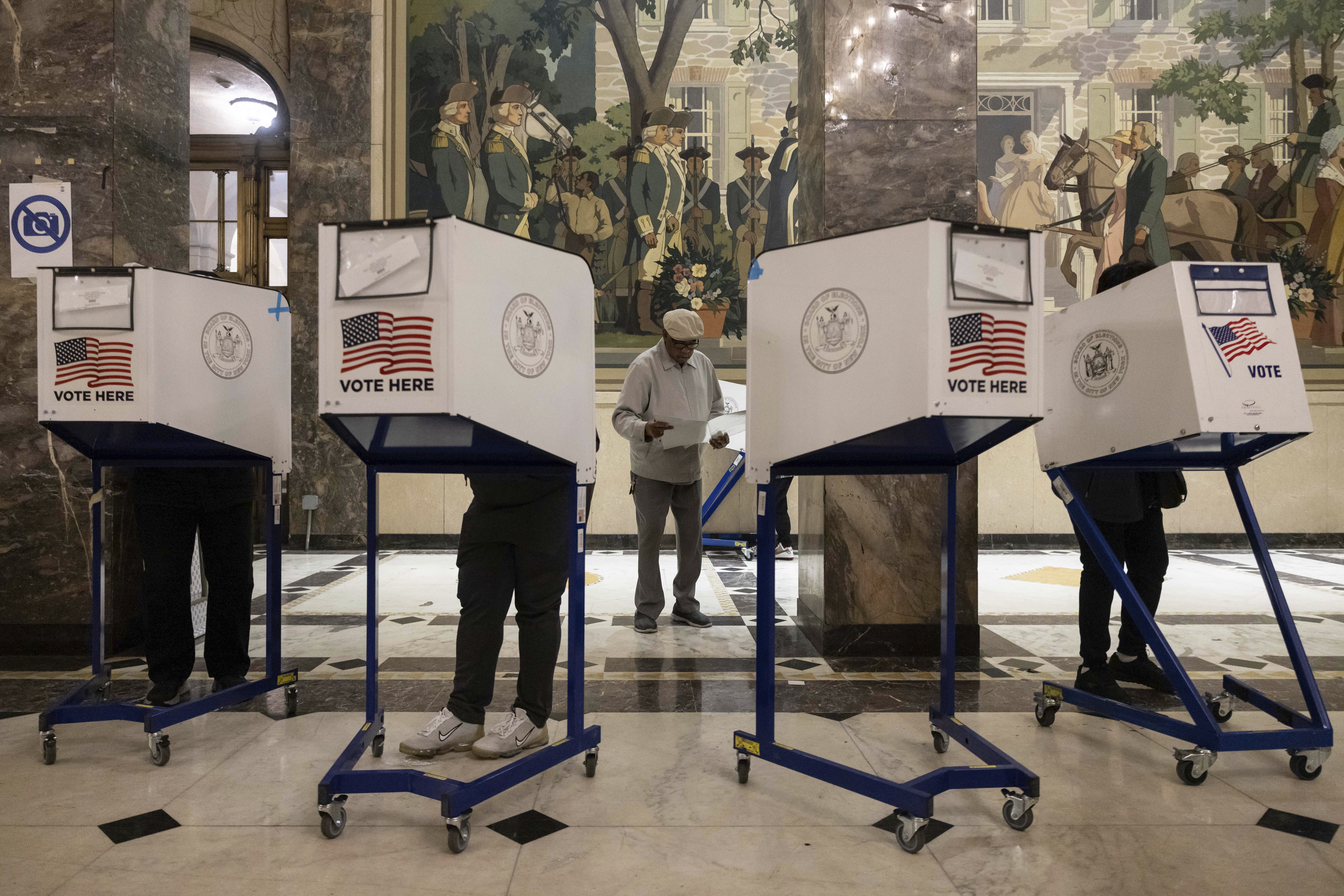 Voters cast their ballots at the Bronx County Supreme Court in New York on Election Day, Tuesday, Nov. 5, 2024. (AP Photo/Yuki Iwamura)