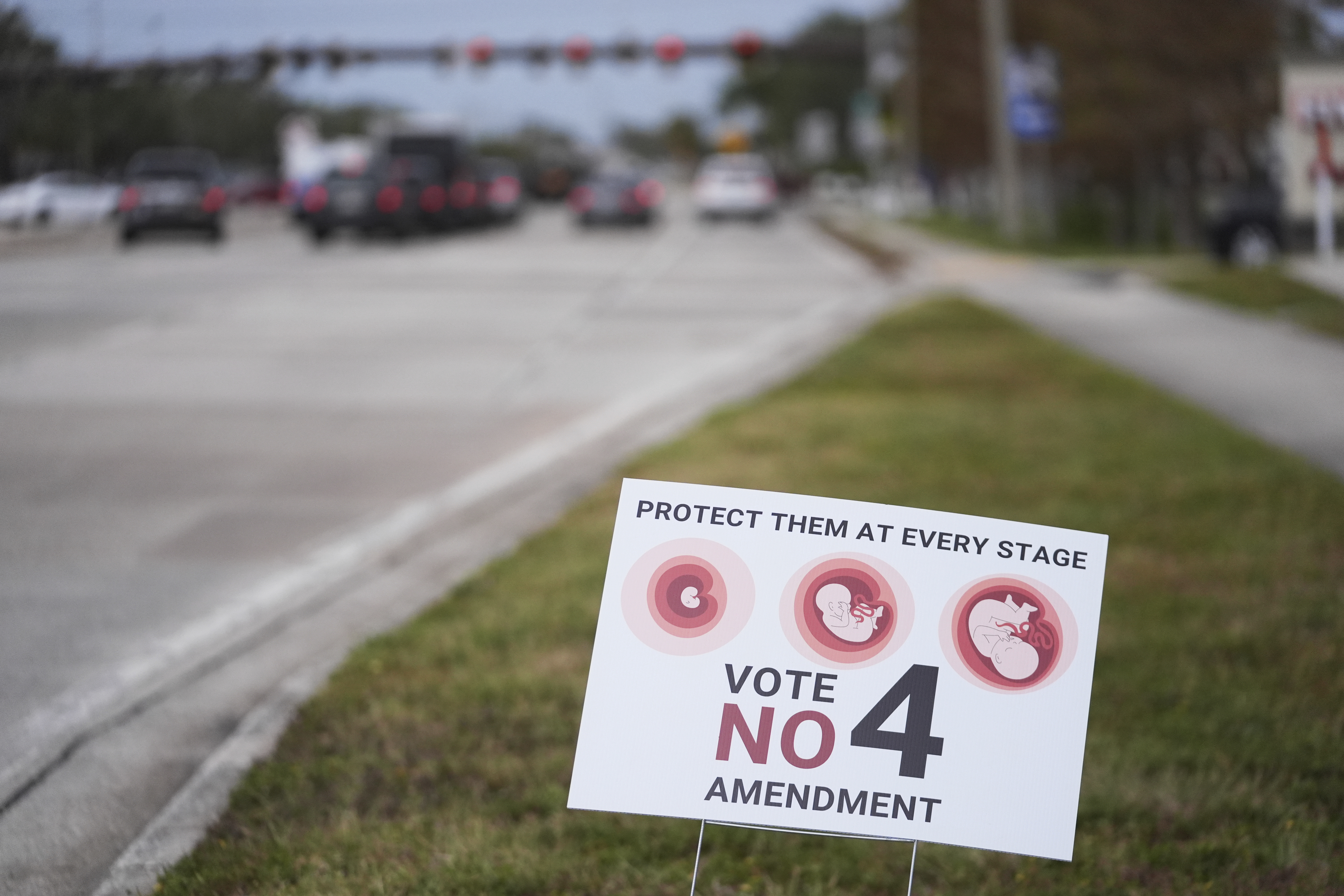 A roadside sign encourages Floridians to vote no on Amendment 4, which would enshrine abortion rights in the state, on Election Day, Tuesday, Nov. 5, 2024, in St. Petersburg, Fla. (AP Photo/Rebecca Blackwell)