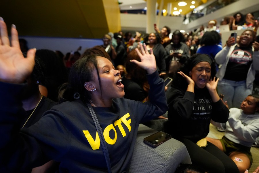 Zion Dawkins, an North Carolina A&T student, gathers with other students for an election night watch party, Tuesday, Nov. 5, 2024, in Greensboro, N.C. (AP Photo/George Walker IV)