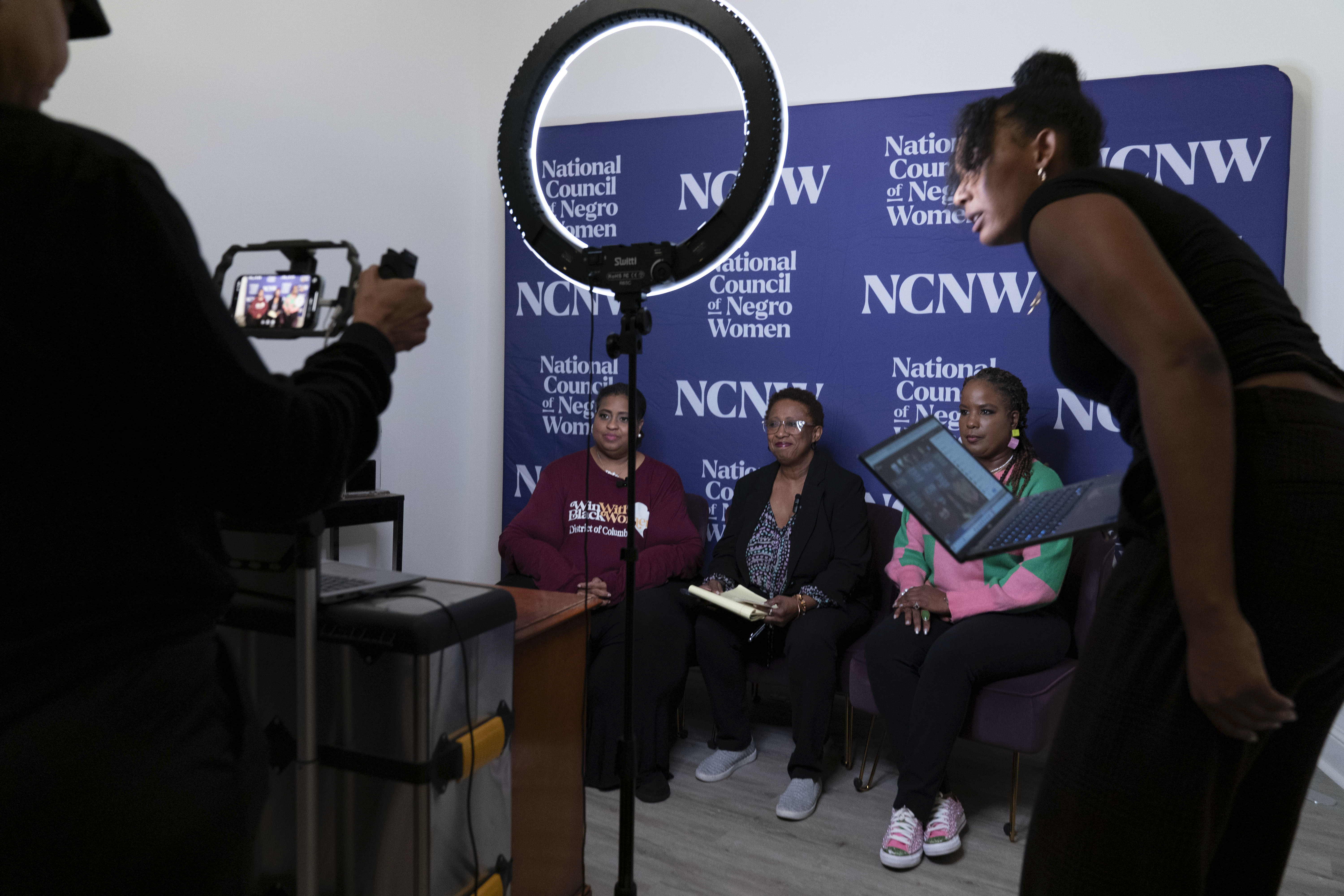 Members of the Black Women's Leadership Collective from left; Holli Holliday, President, Sisters Lead Sisters Vote & lead organizer, Win With Black Women, Portia Reddick White, Vice President Advocacy and Policy, National Council of Negro Women (NCNW) and Roslyn Brock, Chairman Emeritus, NAACP, share election updates and voting information in battleground communities via livestream at the national Council of Negro Women in Washington, Tuesday, Nov. 5, 2024. (AP Photo/Jose Luis Magana)