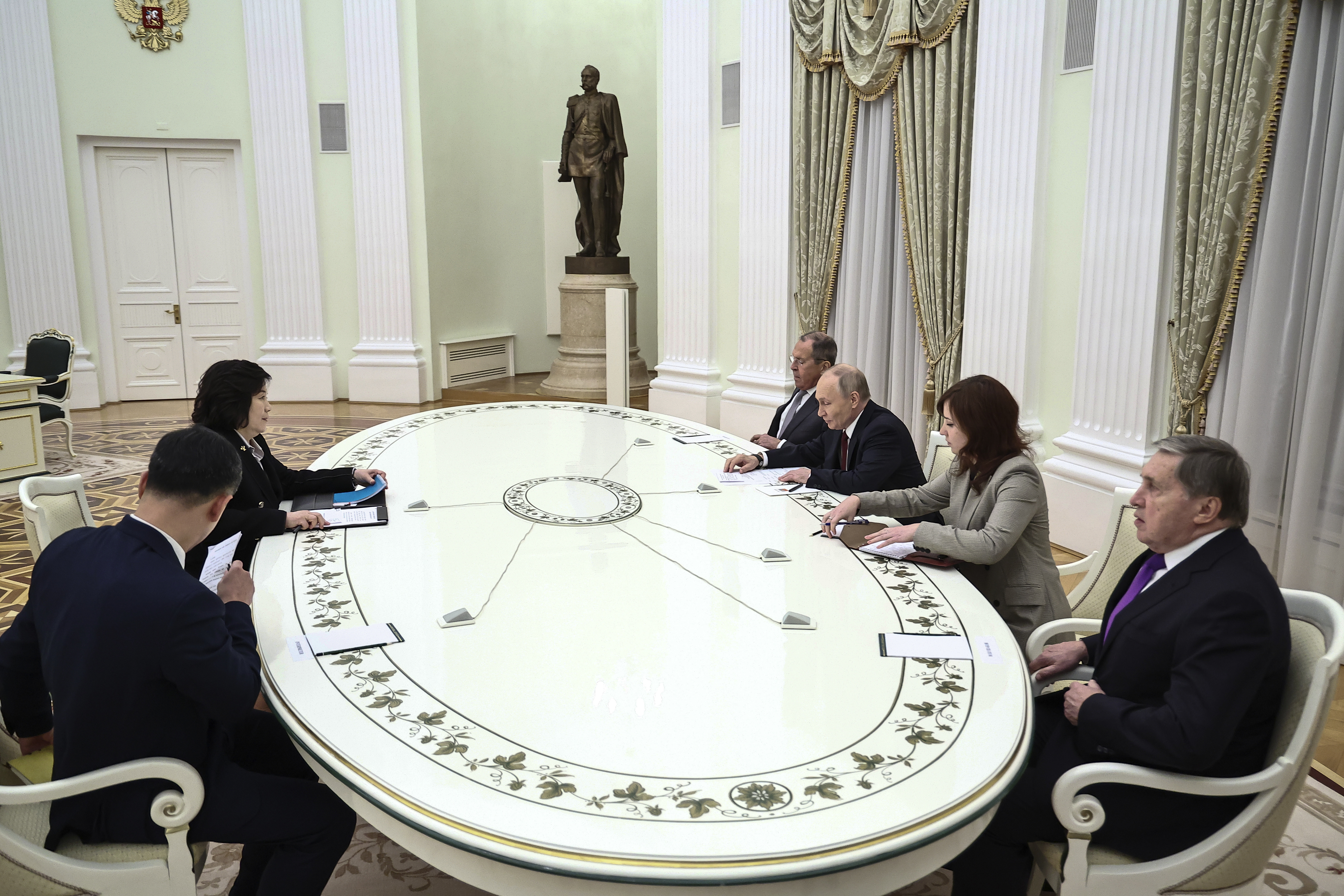 Russian President Vladimir Putin, third right, and North Korean Foreign Minister Choe Son Hui, second left, attend talks at the Kremlin in Moscow, Russia, Monday, Nov. 4, 2024. (Mikhail Tereshchenko, Sputnik, Kremlin Pool Photo via AP)