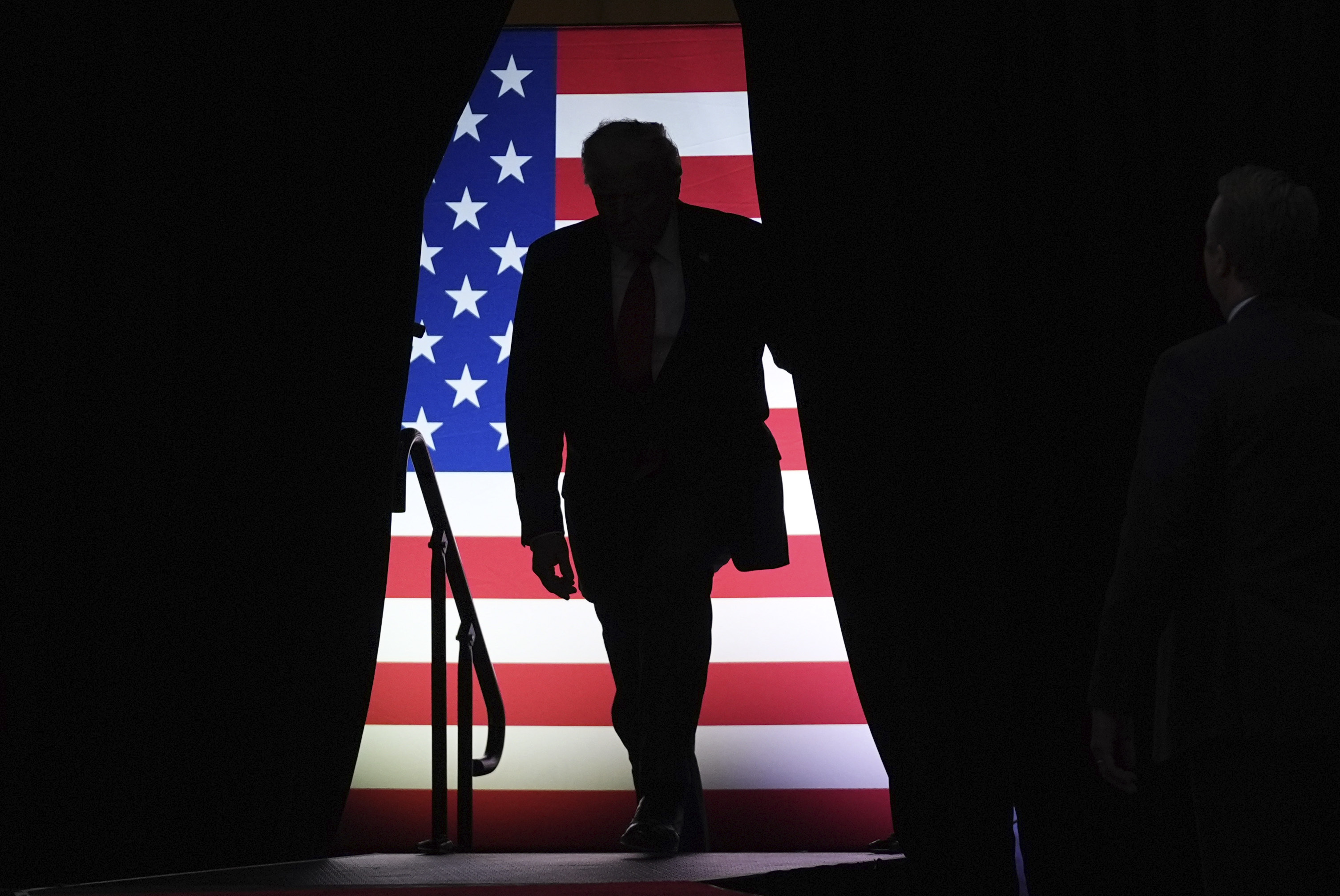 Republican presidential nominee former President Donald Trump arrives at a campaign rally at PPG Paints Arena, Monday, Nov. 4, 2024, in Pittsburgh, Pa. (AP Photo/Evan Vucci)