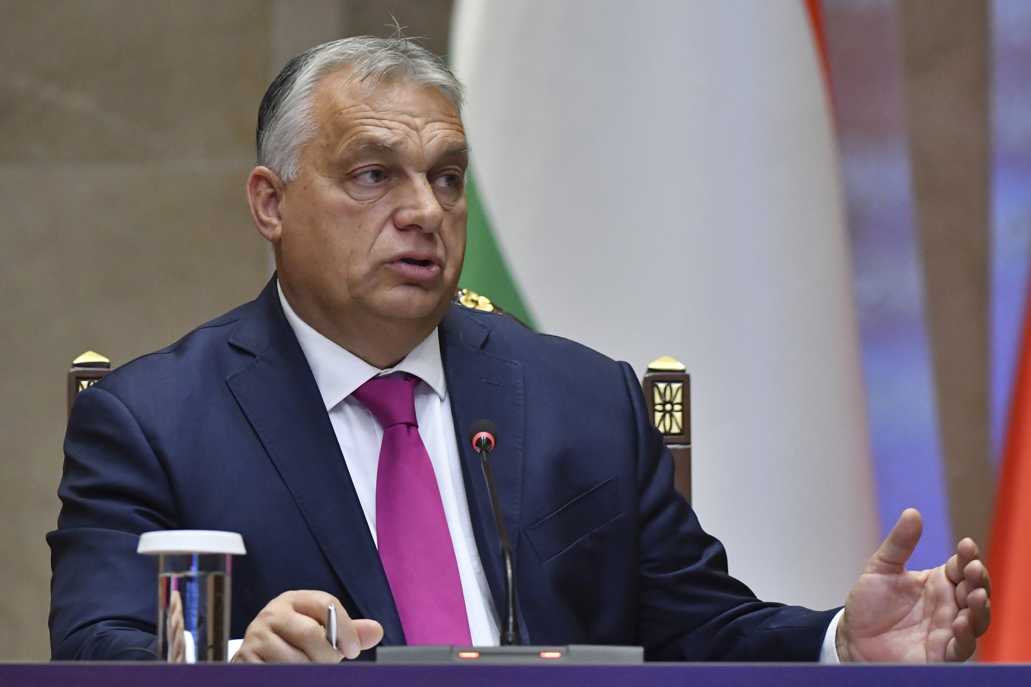 Hungarian Prime Minister Viktor Orban speaks during a meeting with Kyrgyz President Sadyr Japarov at Yntymak Ordo State Residence in Bishkek, Kyrgyzstan, Tuesday, Nov. 5, 2024. (AP Photo/Vladimir Voronin)