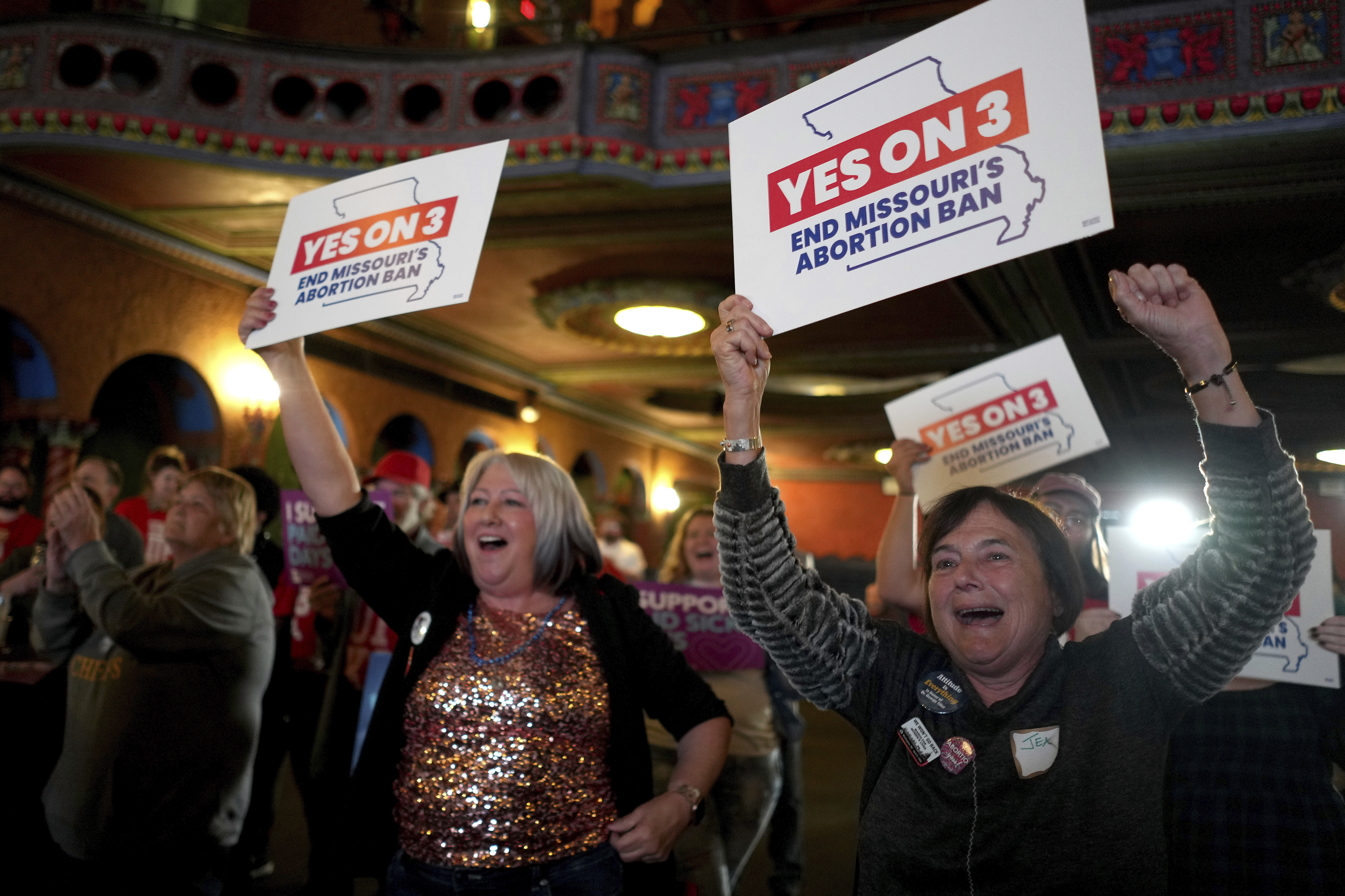 People at a election night watch party react after an abortion rights amendment to the Missouri constitution passed Tuesday, Nov. 5, 2024, in Kansas City, Mo. (AP Photo/Charlie Riedel)