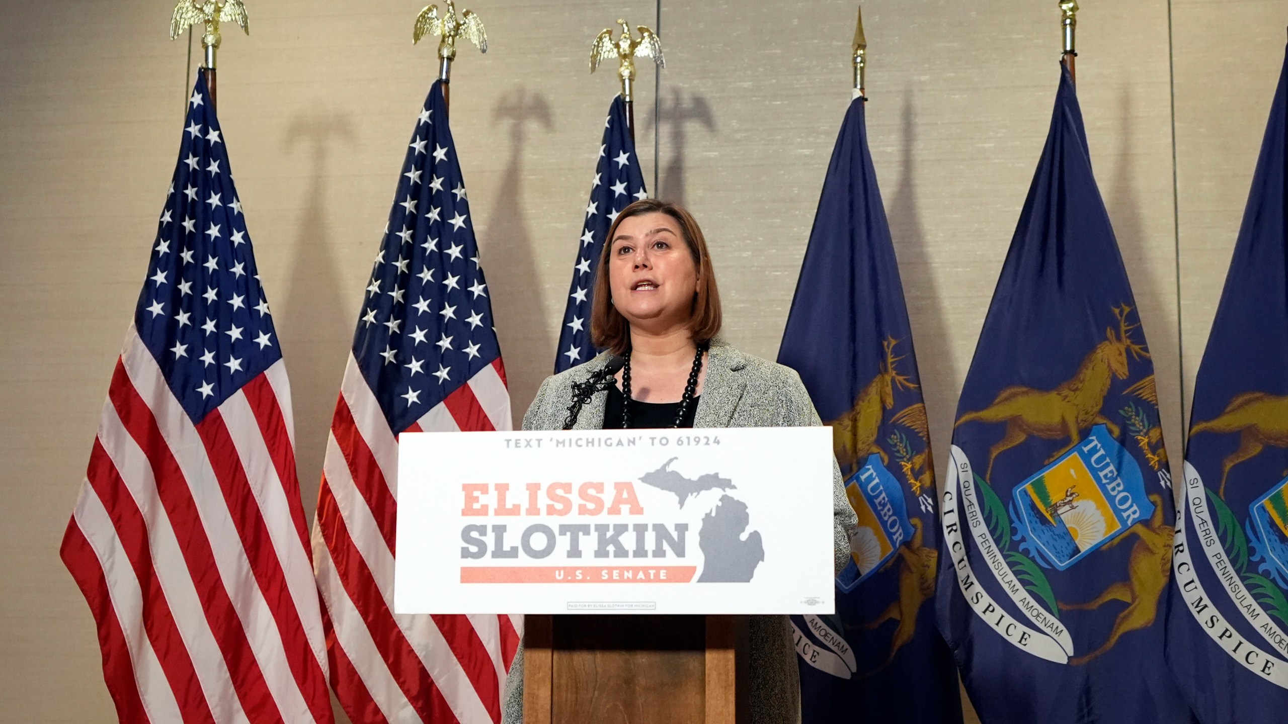 Democratic Sen.-elect Elissa Slotkin of Michigan addresses the media, Wednesday, Nov. 6, 2024, in Detroit. (AP Photo/Carlos Osorio)