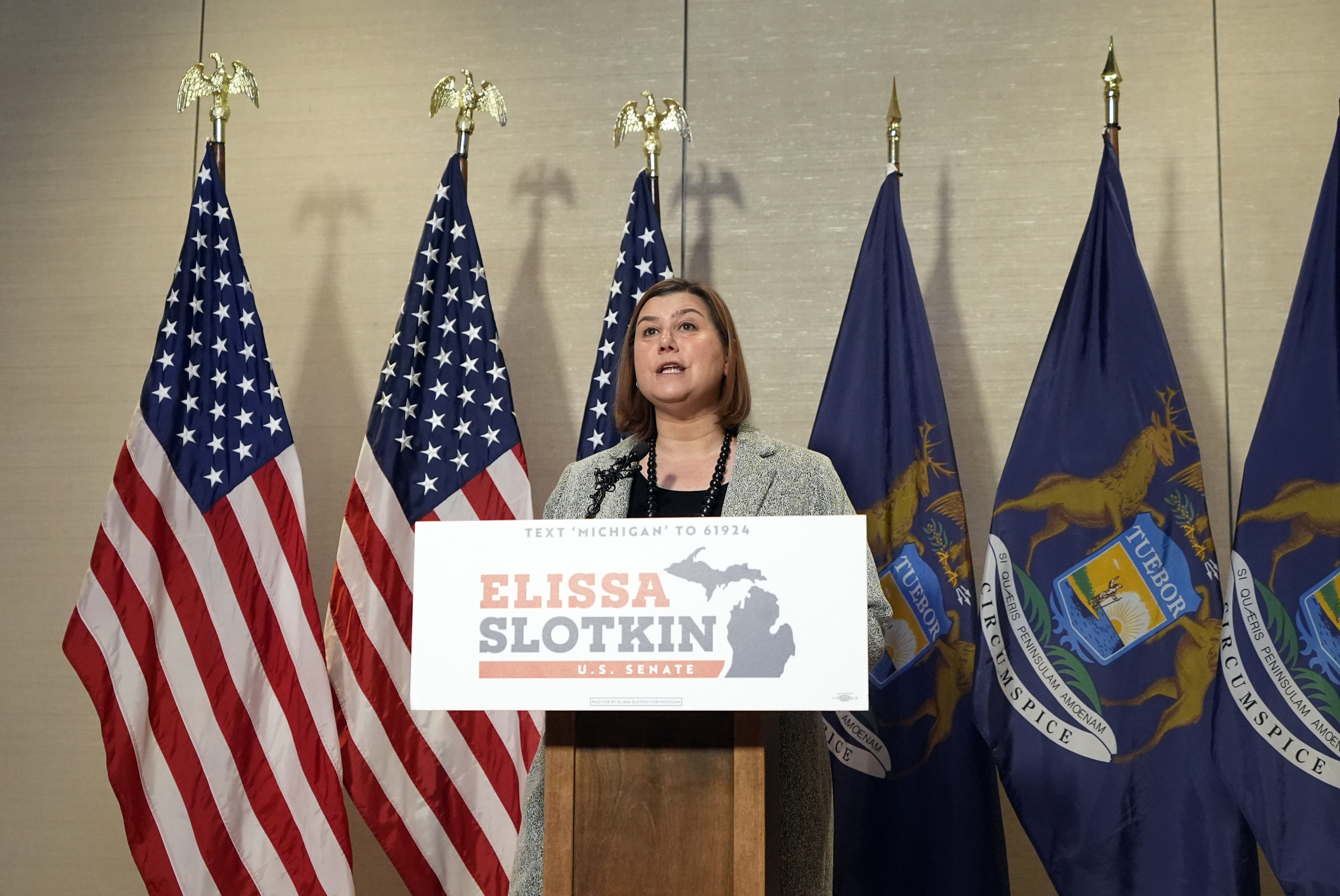 Democratic Sen.-elect Elissa Slotkin of Michigan addresses the media, Wednesday, Nov. 6, 2024, in Detroit. (AP Photo/Carlos Osorio)