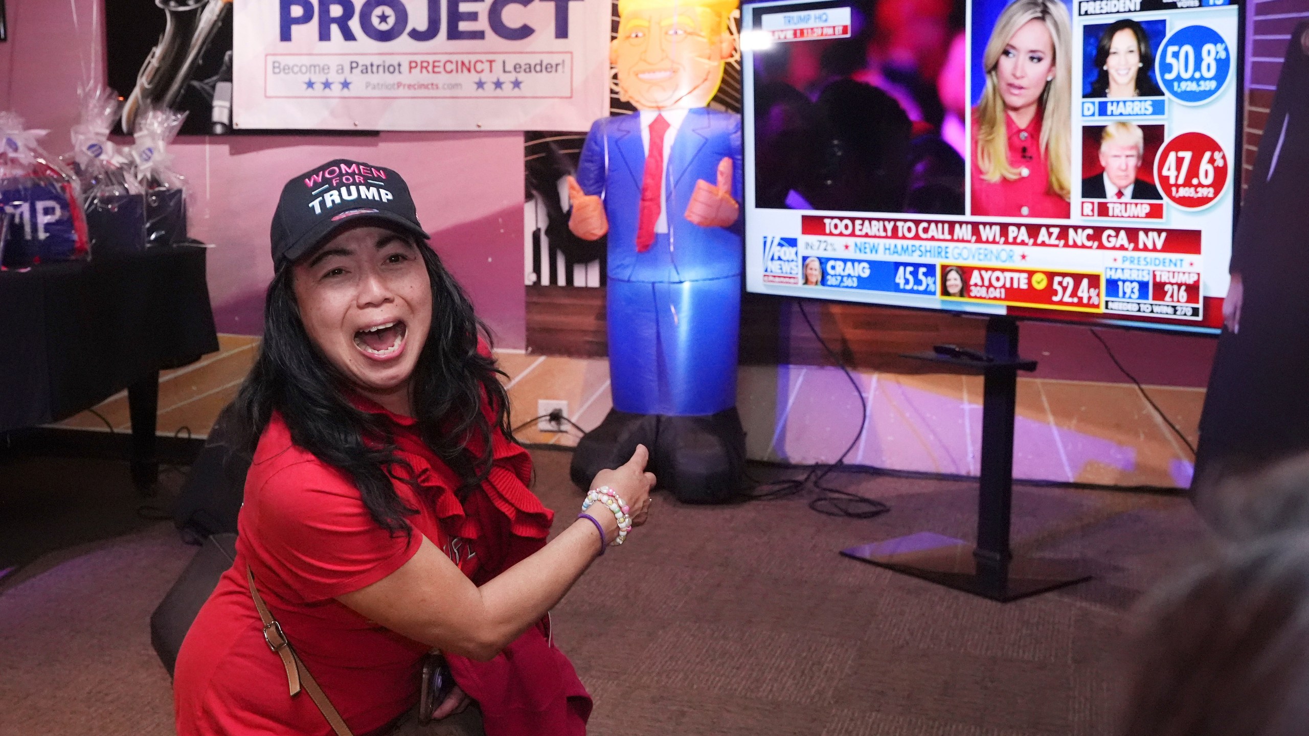 Justina Santos reacts as results come in during an election night party at Roscoe's Chicken & Waffles, Tuesday, Nov. 5, 2024, in Long Beach, Calif. (AP Photo/Mark J. Terrill)