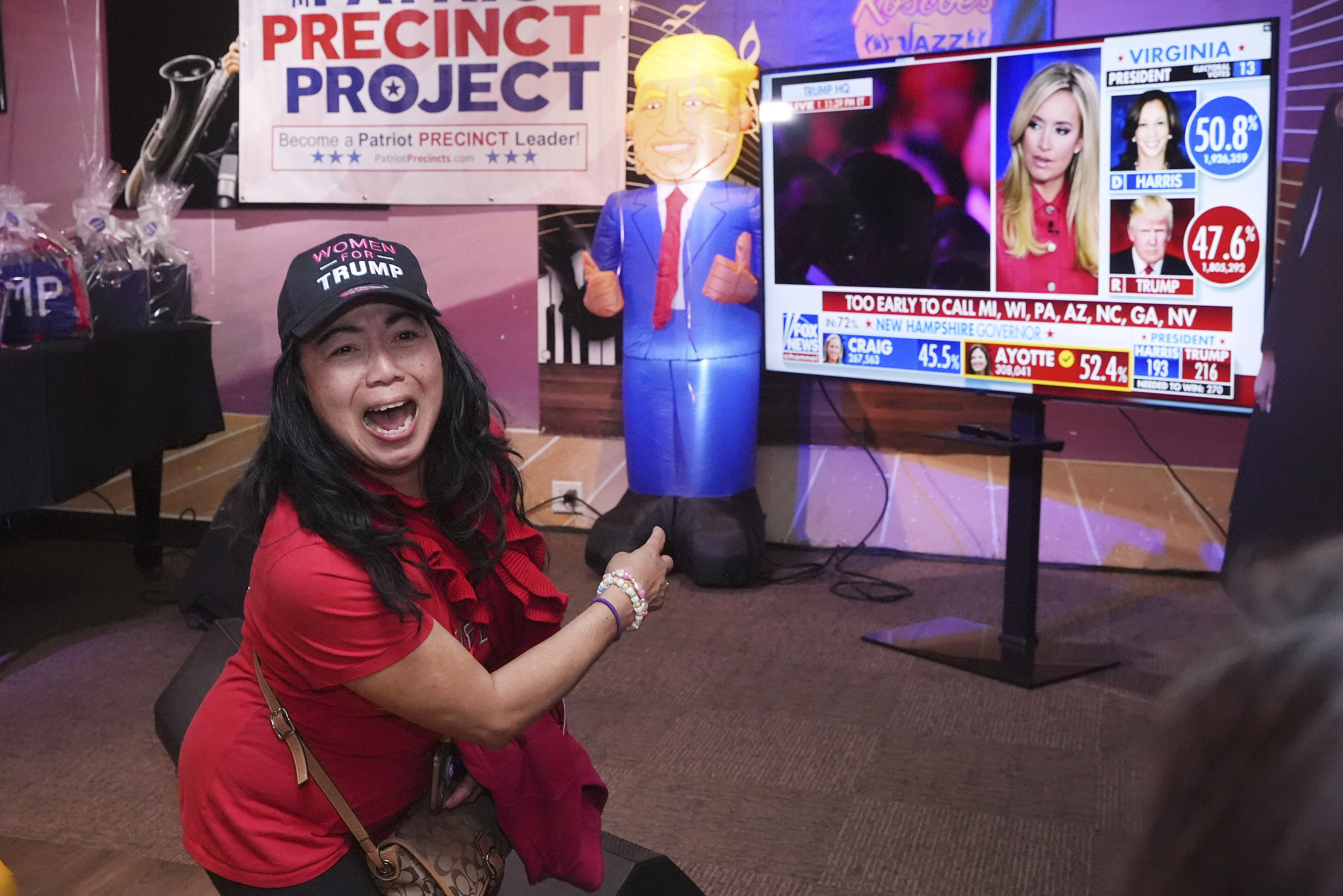 Justina Santos reacts as results come in during an election night party at Roscoe's Chicken & Waffles, Tuesday, Nov. 5, 2024, in Long Beach, Calif. (AP Photo/Mark J. Terrill)