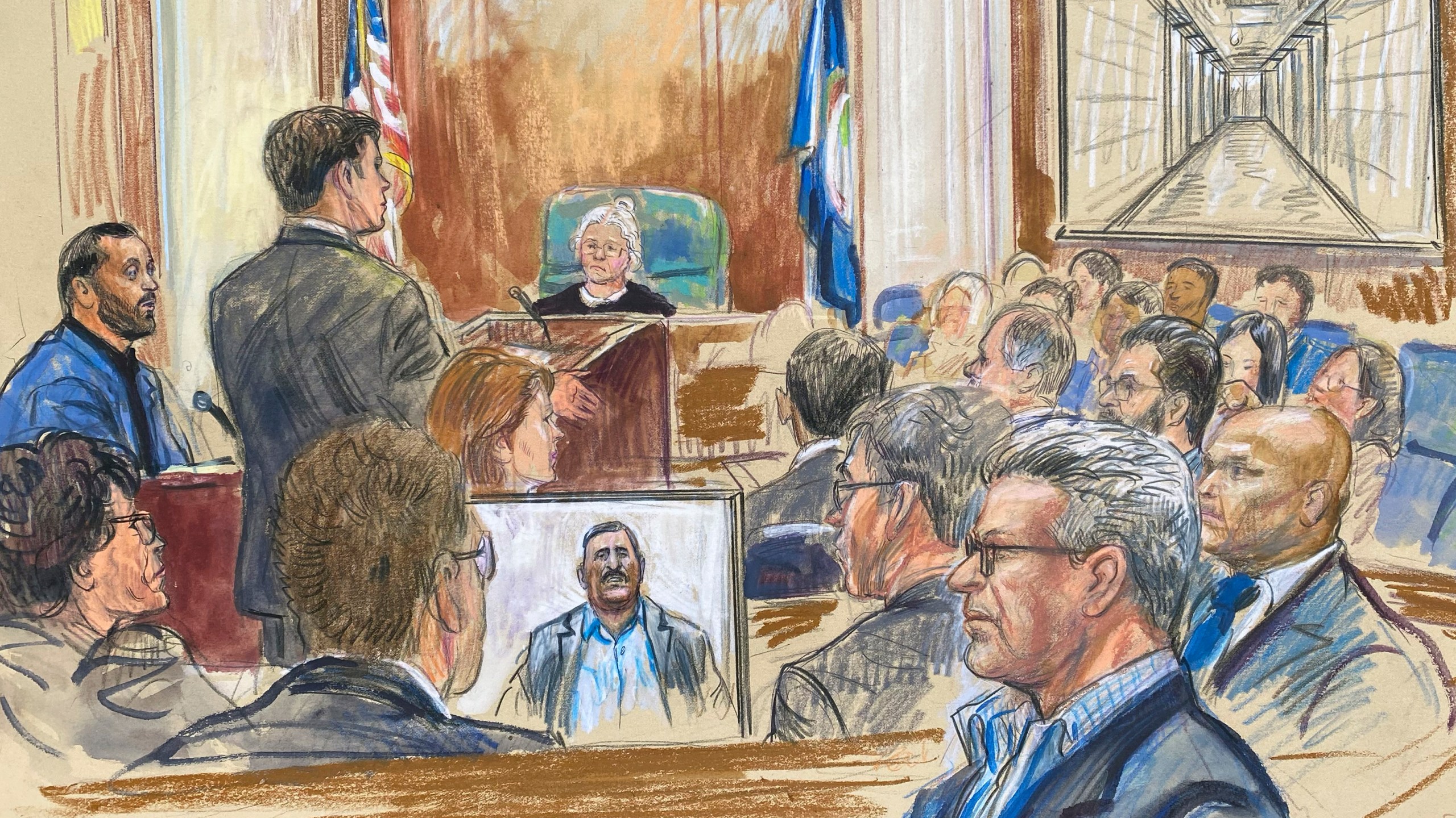 FILE - This courtroom sketch depicts a former detainee at Abu Ghraib prison, Salah Al-Ejaili, foreground with glasses, at the trial of CACI, a Virginia-based military contractor who is accused of contributing to the abuse and torture of detainees at Abu Ghraib, in U.S. District Court in Alexandria, Va., April 16, 2024. (Dana Verkouteren via AP, File)