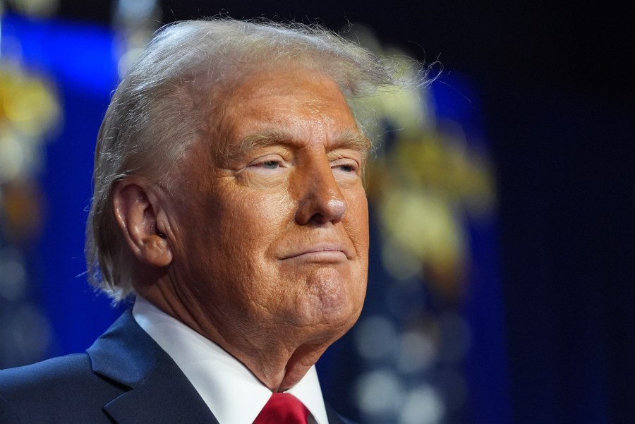 Republican presidential nominee former President Donald Trump arrives at an election night watch party at the Palm Beach Convention Center, Wednesday, Nov. 6, 2024, in West Palm Beach, Fla. (AP Photo/Evan Vucci)