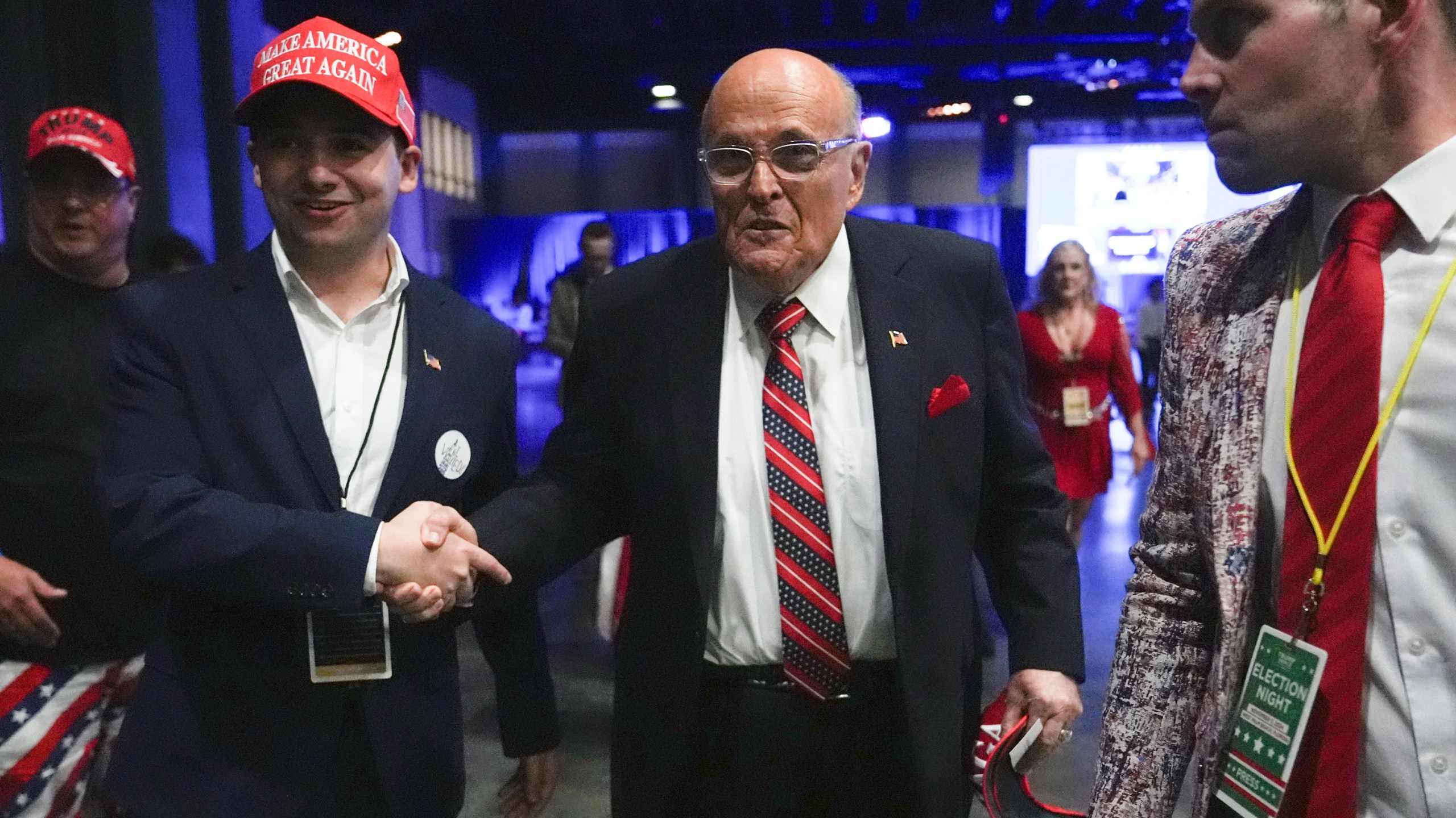 Rudy Giuliani arrives to attend a watch party for Republican Presidential nominee former President Donald Trump at the Palm Beach County Convention Center during an election night watch party, Tuesday, Nov. 5, 2024, in West Palm Beach, Fla. (AP Photo/Lynne Sladky)