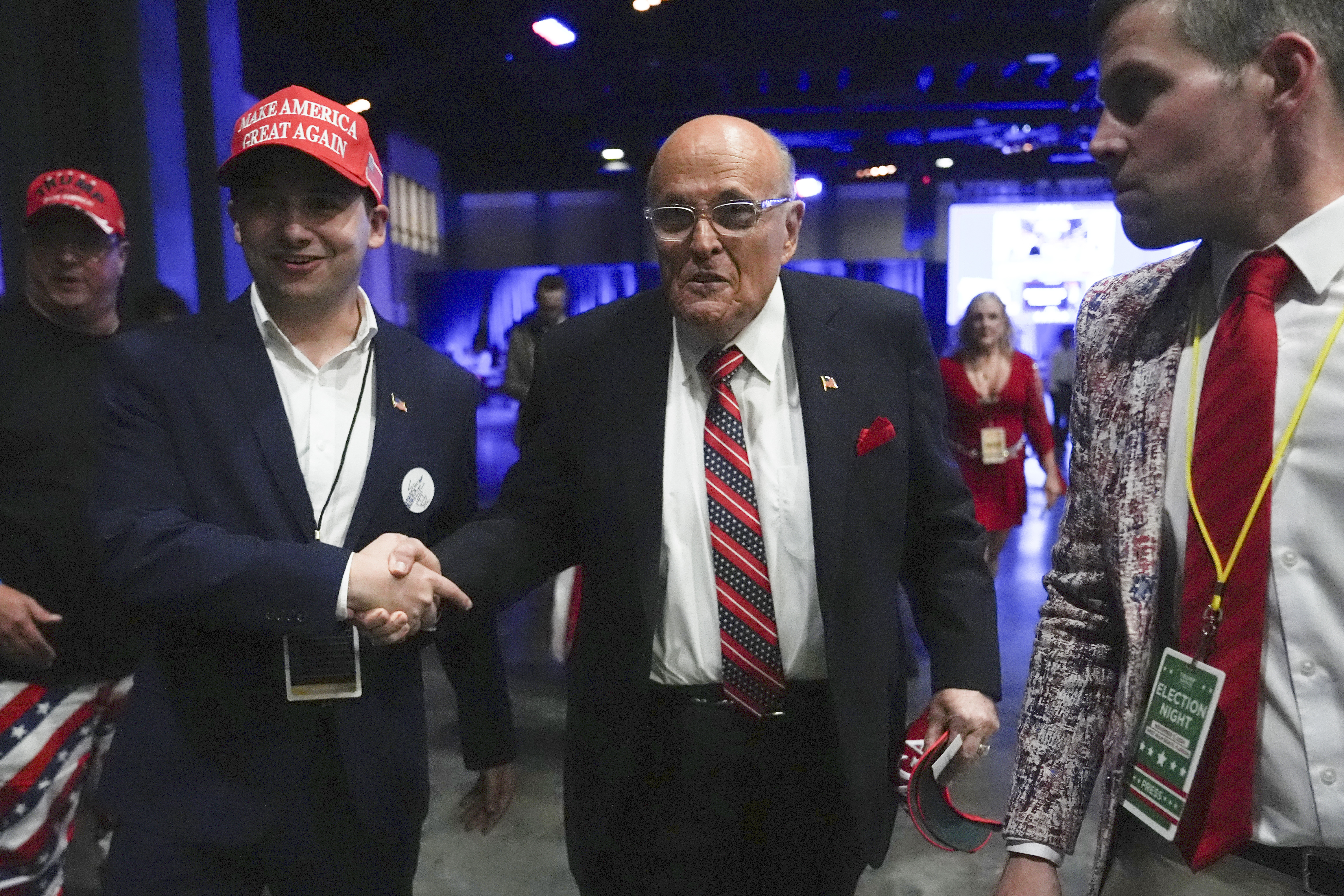 Rudy Giuliani arrives to attend a watch party for Republican Presidential nominee former President Donald Trump at the Palm Beach County Convention Center during an election night watch party, Tuesday, Nov. 5, 2024, in West Palm Beach, Fla. (AP Photo/Lynne Sladky)