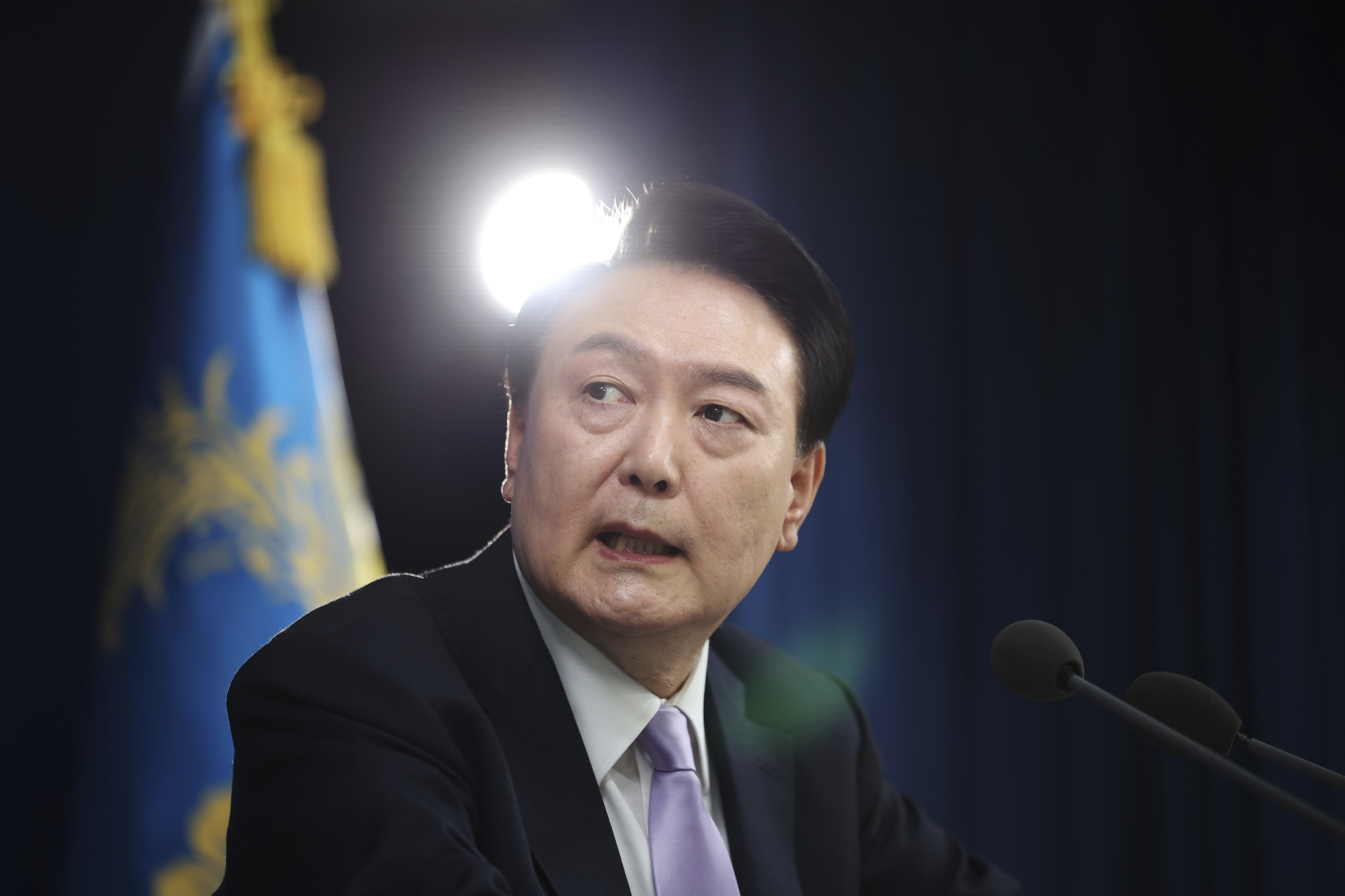 South Korean President Yoon Suk Yeol answers a reporters' question during a news conference at the Presidential Office in Seoul, South Korea Thursday, Nov. 7, 2024. (Kim Hong-Ji/Pool Photo via AP)