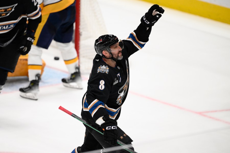 Washington Capitals left wing Alex Ovechkin (8) celebrates his goal during the third period of an NHL hockey game against the Nashville Predators, Wednesday, Nov. 6, 2024, in Washington. The Capitals won 3-2. (AP Photo/Nick Wass)