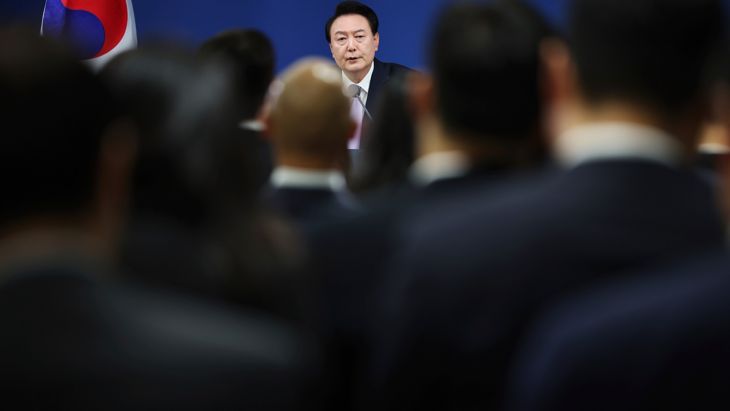 South Korean President Yoon Suk Yeol answers a reporters' question during a news conference at the Presidential Office in Seoul, South Korea Thursday, Nov. 7, 2024. (Kim Hong-Ji/Pool Photo via AP)