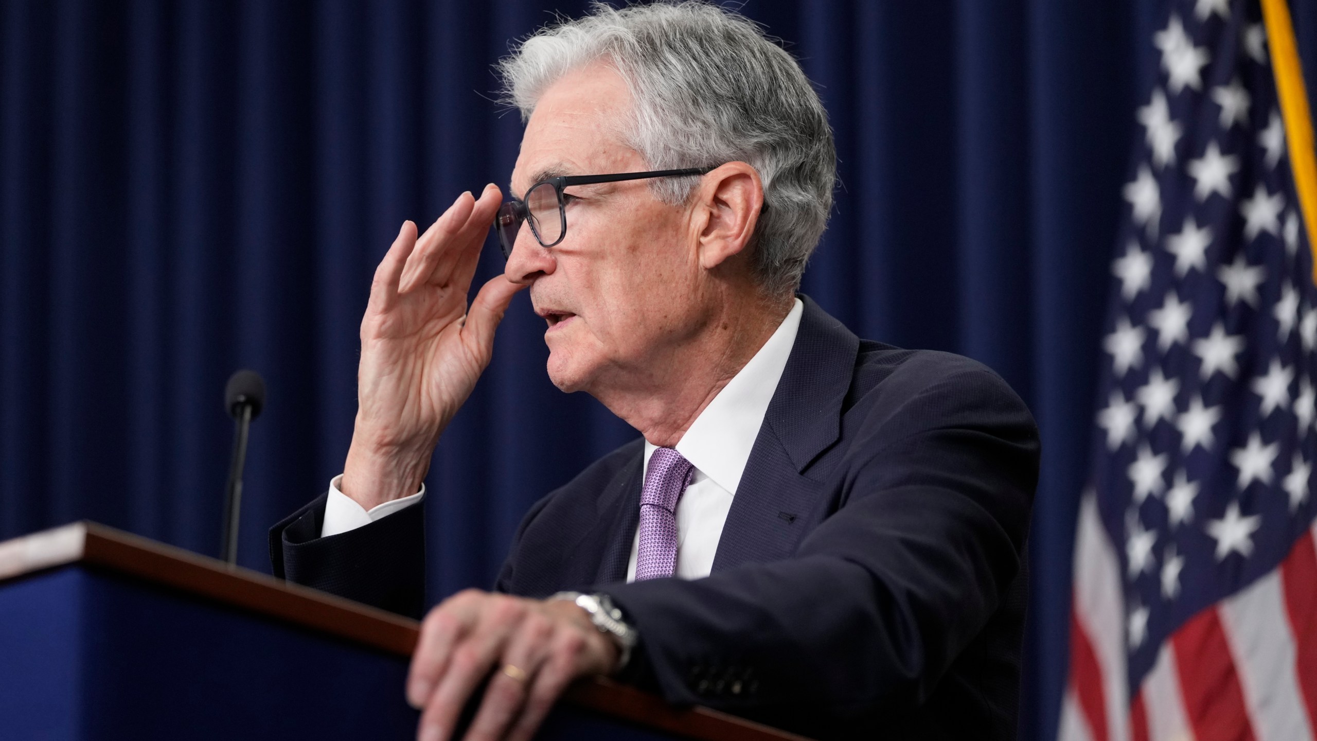 FILE - Federal Reserve Board Chairman Jerome Powell speaks during a news conference at the Federal Reserve in Washington, on Sept. 18, 2024. (AP Photo/Ben Curtis, File)