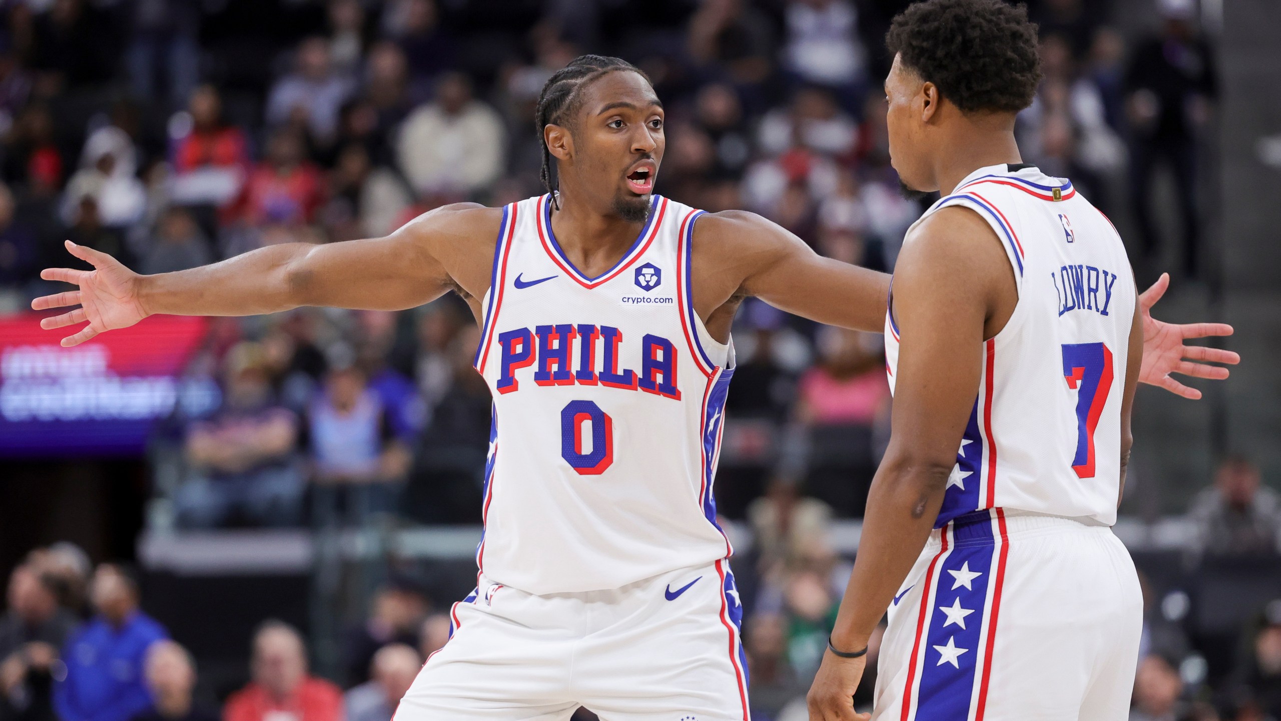 Philadelphia 76ers guard Tyrese Maxey, left, reacts next to guard Kyle Lowry during the second half of an NBA basketball game, Wednesday, Nov. 6, 2024, in Inglewood, Calif. (AP Photo/Ryan Sun)