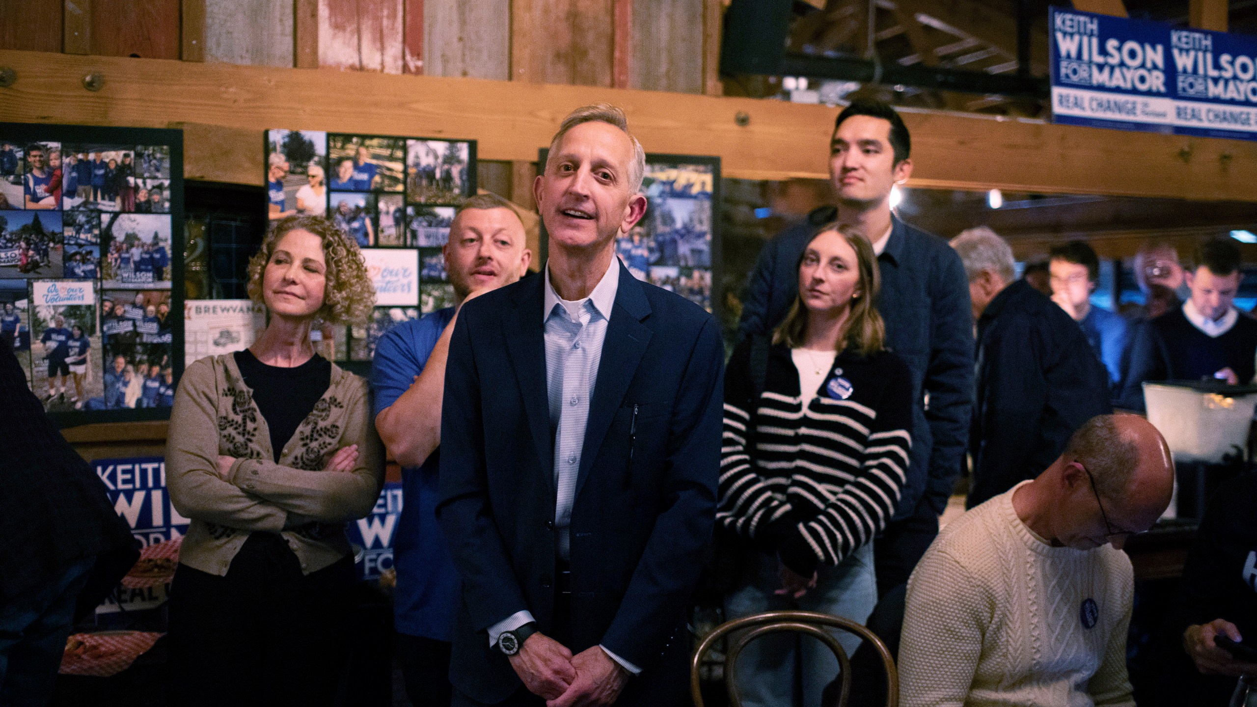 Portland mayoral candidate Keith Wilson on election night at Old Town Brewing in Portland, Ore., Tuesday, Nov. 5, 2024. (Beth Nakamura/The Oregonian via AP)