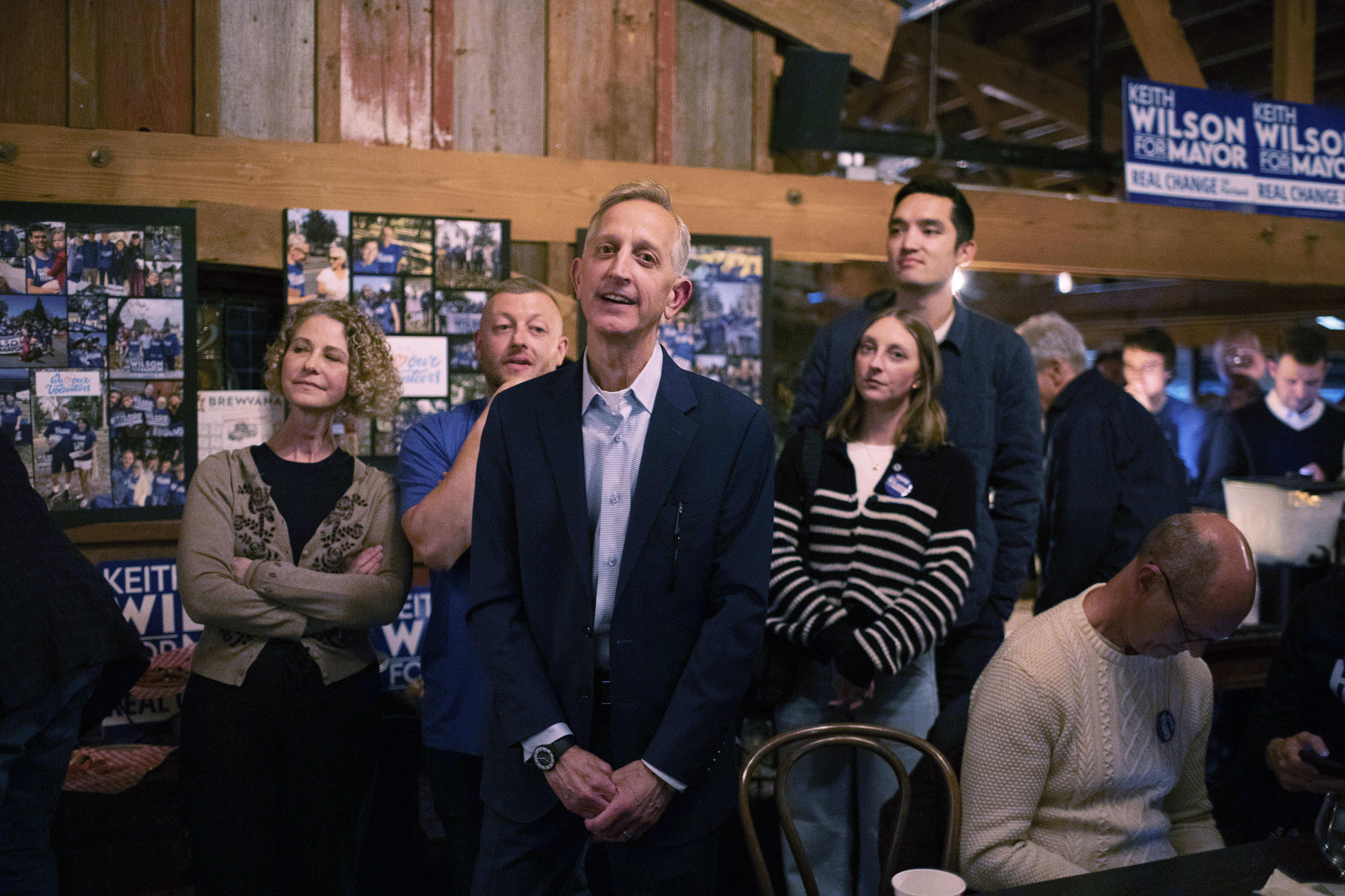 Portland mayoral candidate Keith Wilson on election night at Old Town Brewing in Portland, Ore., Tuesday, Nov. 5, 2024. (Beth Nakamura/The Oregonian via AP)