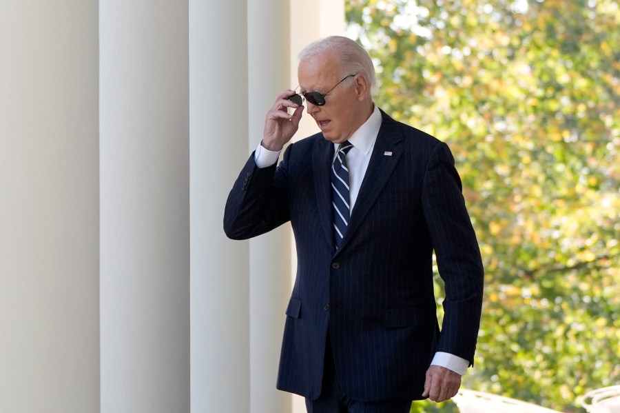 President Joe Biden walks to speak in the Rose Garden of the White House in Washington, Thursday, Nov. 7, 2024. (AP Photo/Mark Schiefelbein)